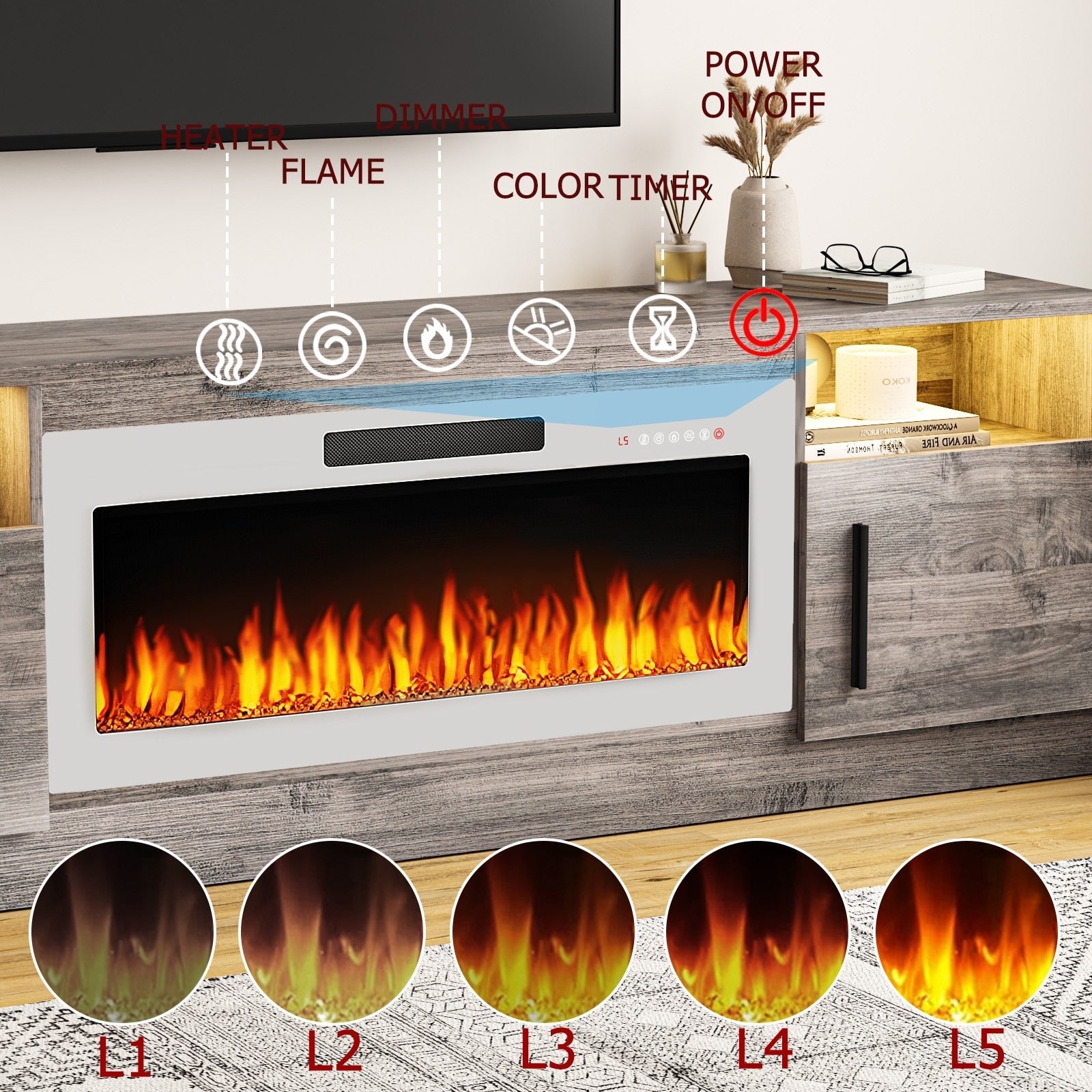 Mobile TV con camino Bossin 70 con camino elettrico da 36 pollici, mobile TV per TV fino a 80 pollici, luci LED a 16 colori/centro di intrattenimento