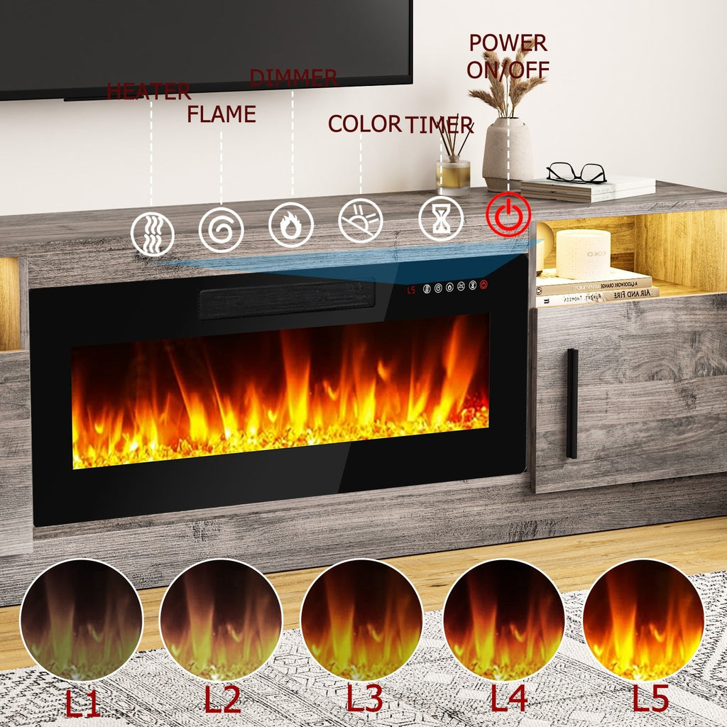 Mobile TV con camino Bossin 70 con camino elettrico da 36 pollici, mobile TV per TV fino a 80 pollici, luci LED a 16 colori/centro di intrattenimento