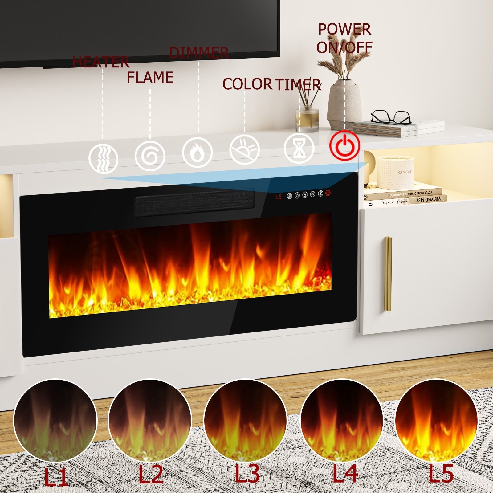 Mobile TV con camino Bossin 70 con camino elettrico da 36 pollici, mobile TV per TV fino a 80 pollici, luci LED a 16 colori/centro di intrattenimento