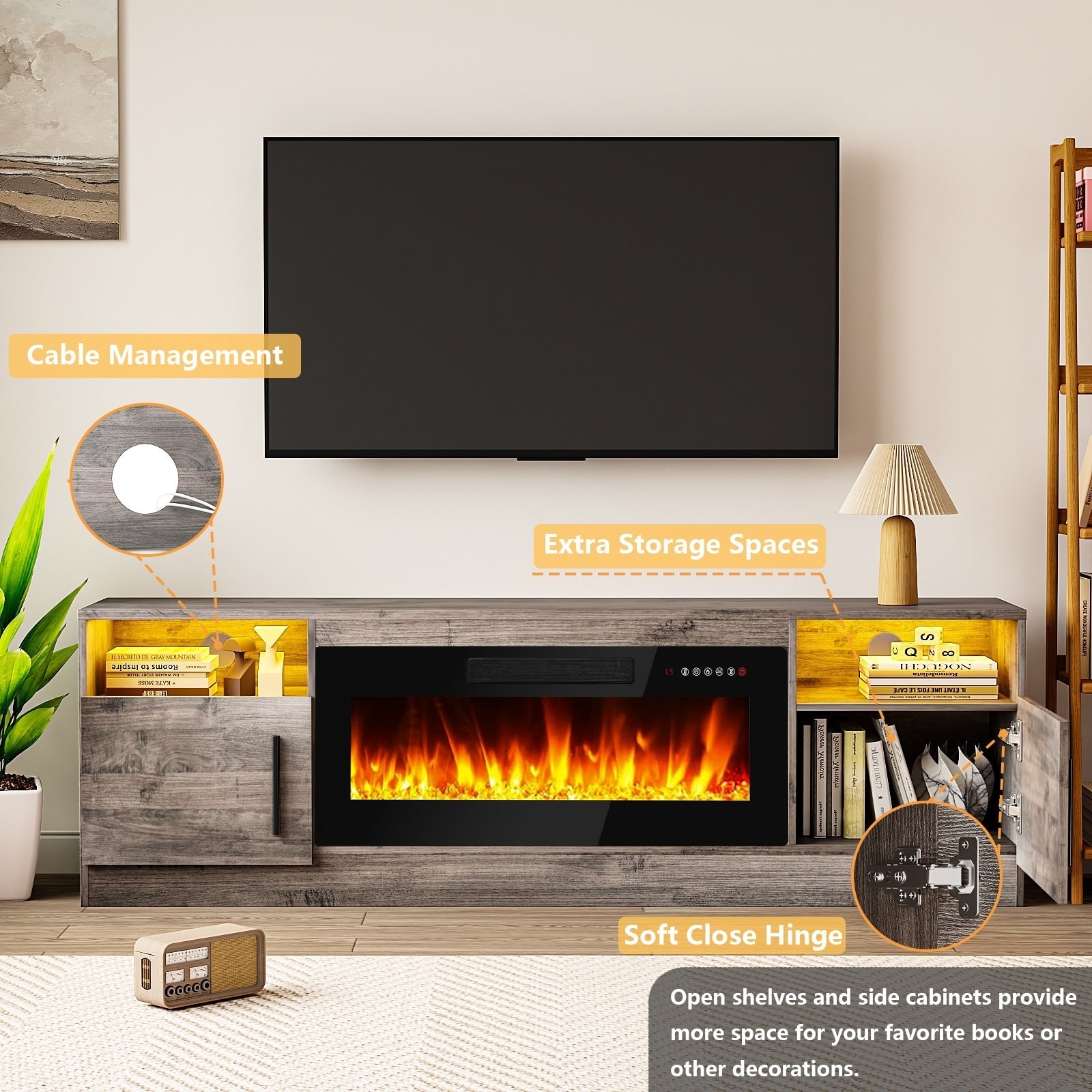 Mobile TV con camino Bossin 70 con camino elettrico da 36 pollici, mobile TV per TV fino a 80 pollici, luci LED a 16 colori/centro di intrattenimento