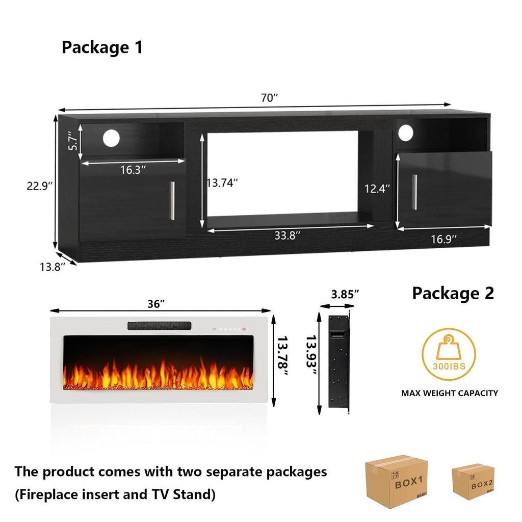 Mobile TV con camino Bossin 70 con camino elettrico da 36 pollici, mobile TV per TV fino a 80 pollici, luci LED a 16 colori/centro di intrattenimento