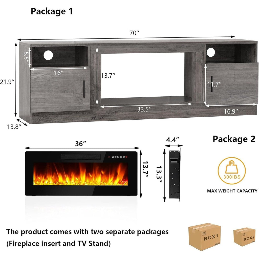 Mobile TV con camino Bossin 70 con camino elettrico da 36 pollici, mobile TV per TV fino a 80 pollici, luci LED a 16 colori/centro di intrattenimento