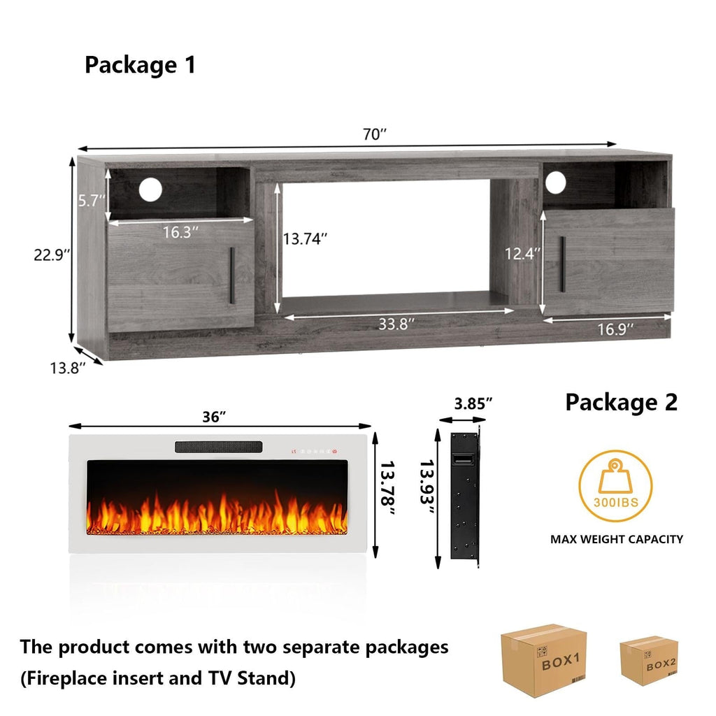 Mobile TV con camino Bossin 70 con camino elettrico da 36 pollici, mobile TV per TV fino a 80 pollici, luci LED a 16 colori/centro di intrattenimento