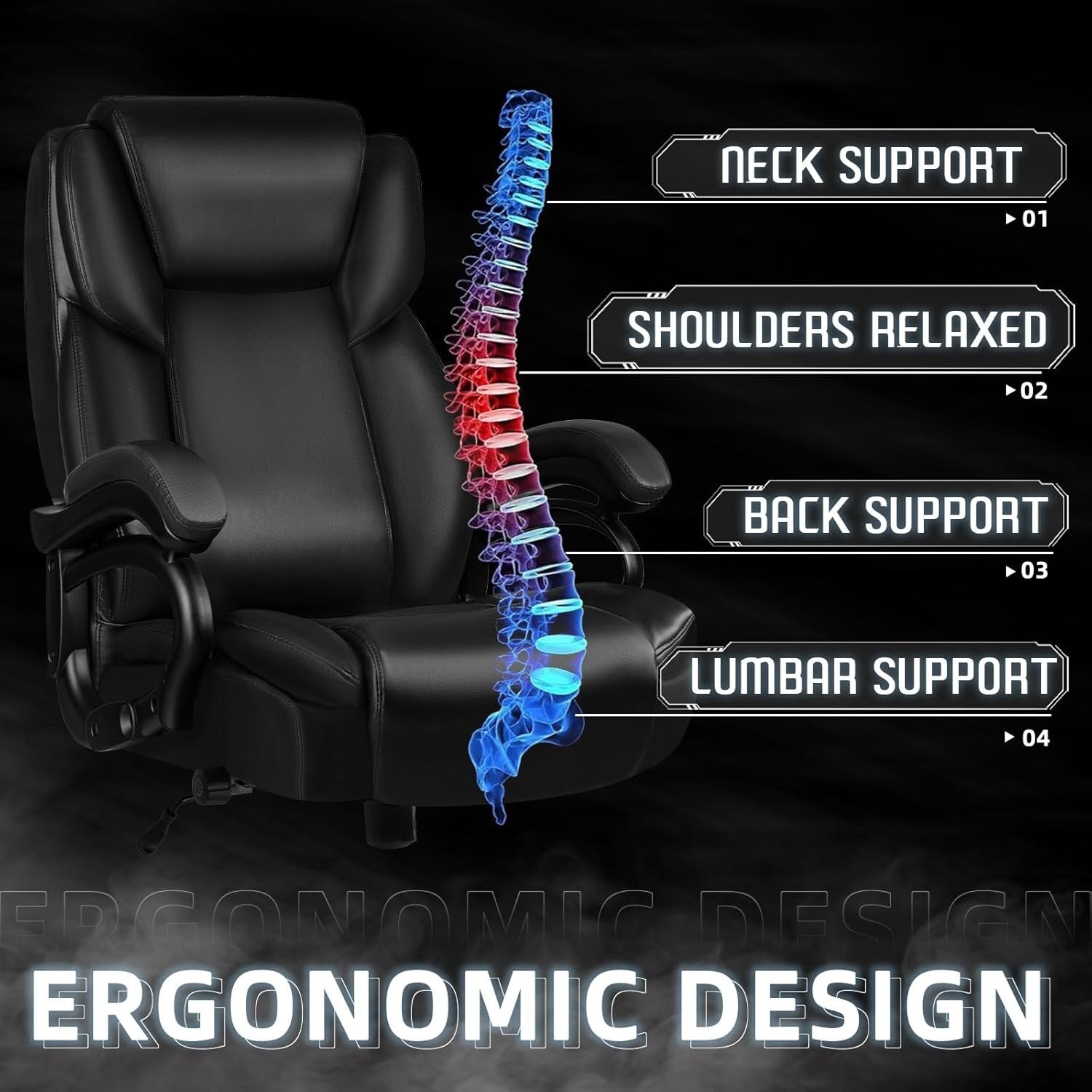 Sedia da ufficio Bossin Big and Tall Executive, sedia ergonomica con supporto lombare regolabile da 500 libbre, schienale alto in pelle PU per computer