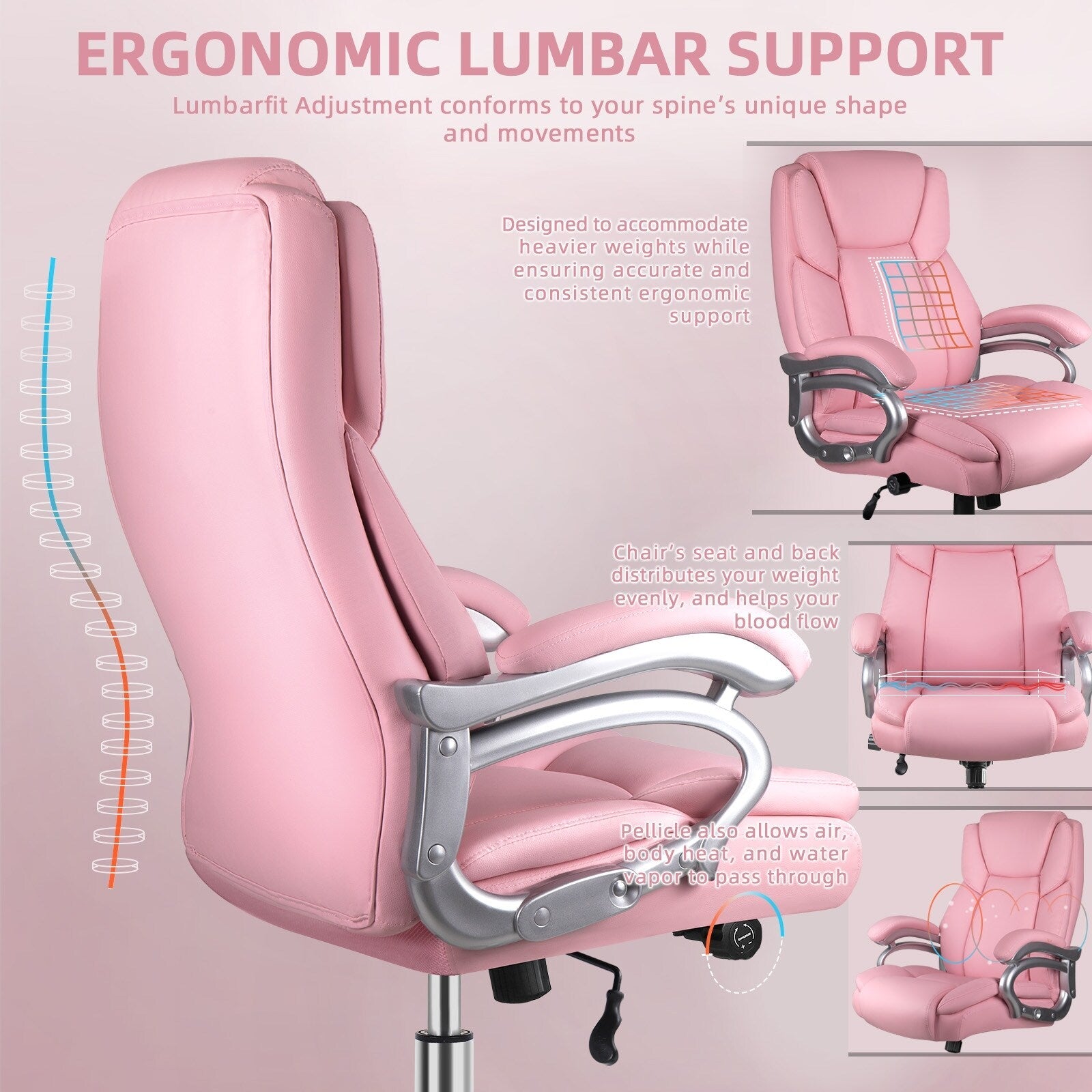 Sedia da ufficio Bossin Big and Tall Executive, sedia ergonomica con supporto lombare regolabile da 500 libbre, schienale alto in pelle PU per computer