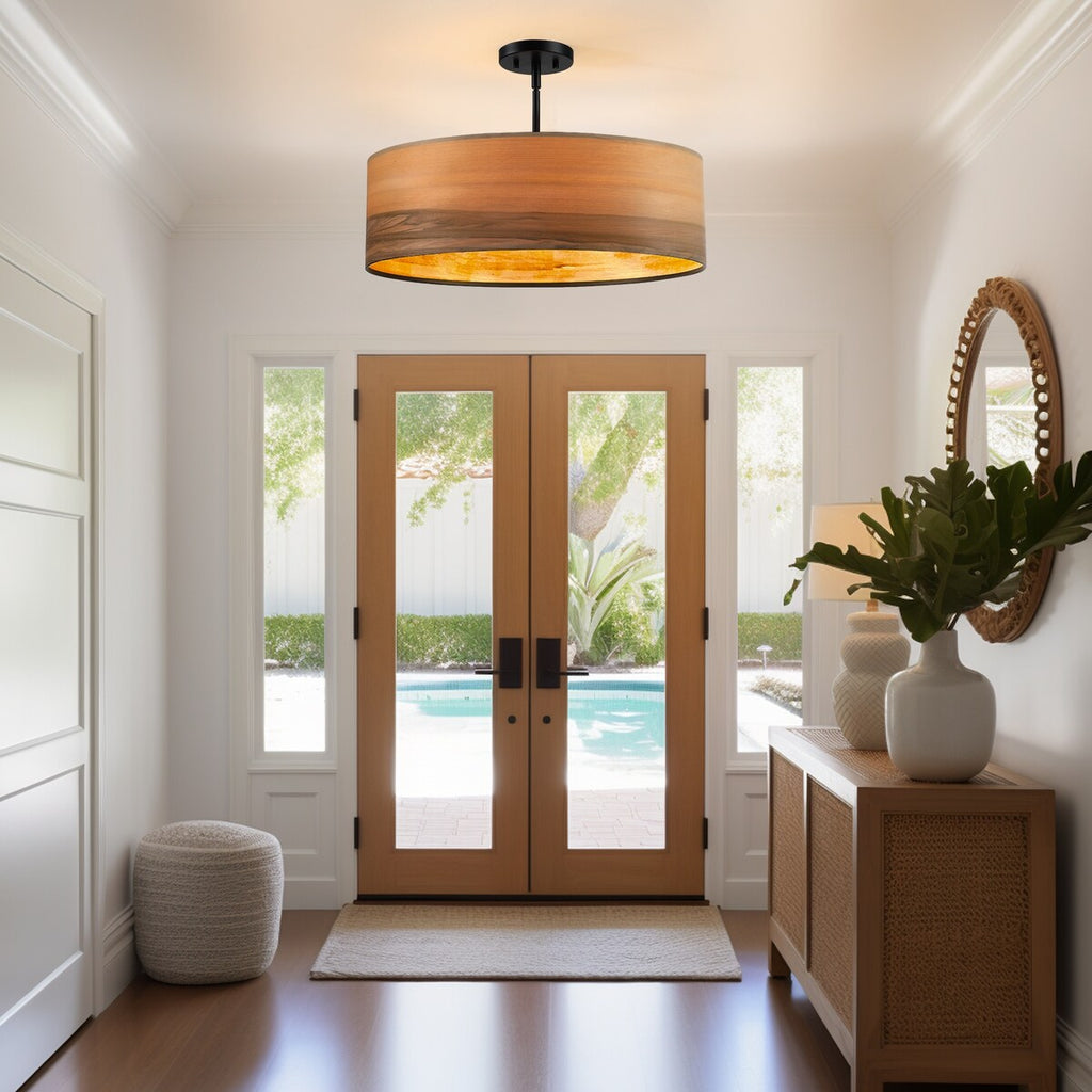 Lampadario a tamburo Breaux a 4 luci in legno impiallacciato con baldacchino nero - 22 pollici di larghezza