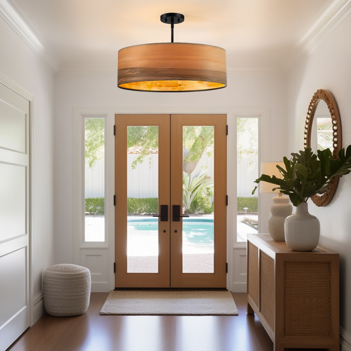 Lampadario a tamburo Breaux a 4 luci in legno impiallacciato con baldacchino nero - 22 pollici di larghezza