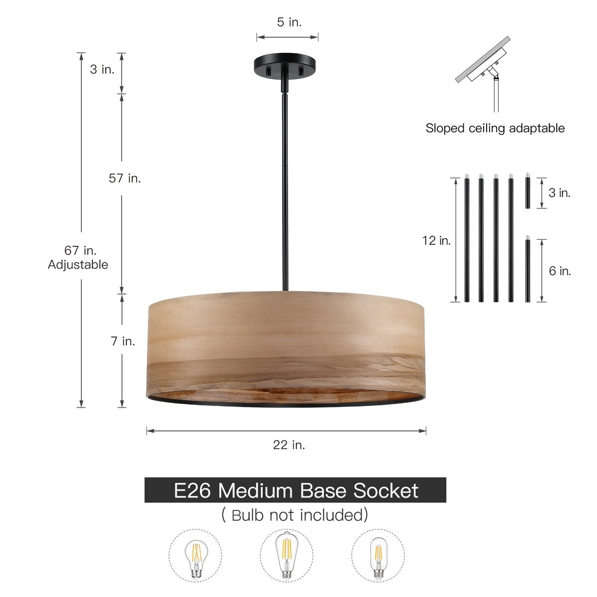 Lampadario a tamburo Breaux a 4 luci in legno impiallacciato con baldacchino nero - 22 pollici di larghezza
