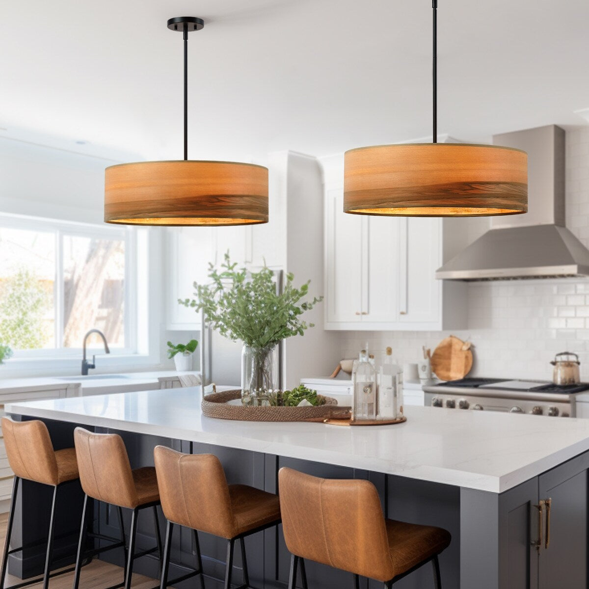 Lampadario a tamburo Breaux a 4 luci in legno impiallacciato con baldacchino nero - 22 pollici di larghezza