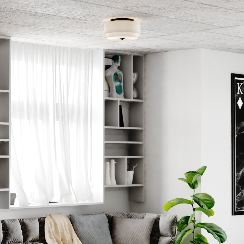 Lampada da soffitto Burnaby Mid-Century Modern con paralume a tamburo in lino bianco