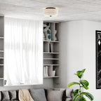 Lampada da soffitto Burnaby Mid-Century Modern con paralume a tamburo in lino bianco