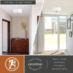 Lampada da soffitto Burnaby Mid-Century Modern con paralume a tamburo in lino bianco