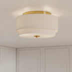 Lampada da soffitto Burnaby Mid-Century Modern con paralume a tamburo in lino bianco