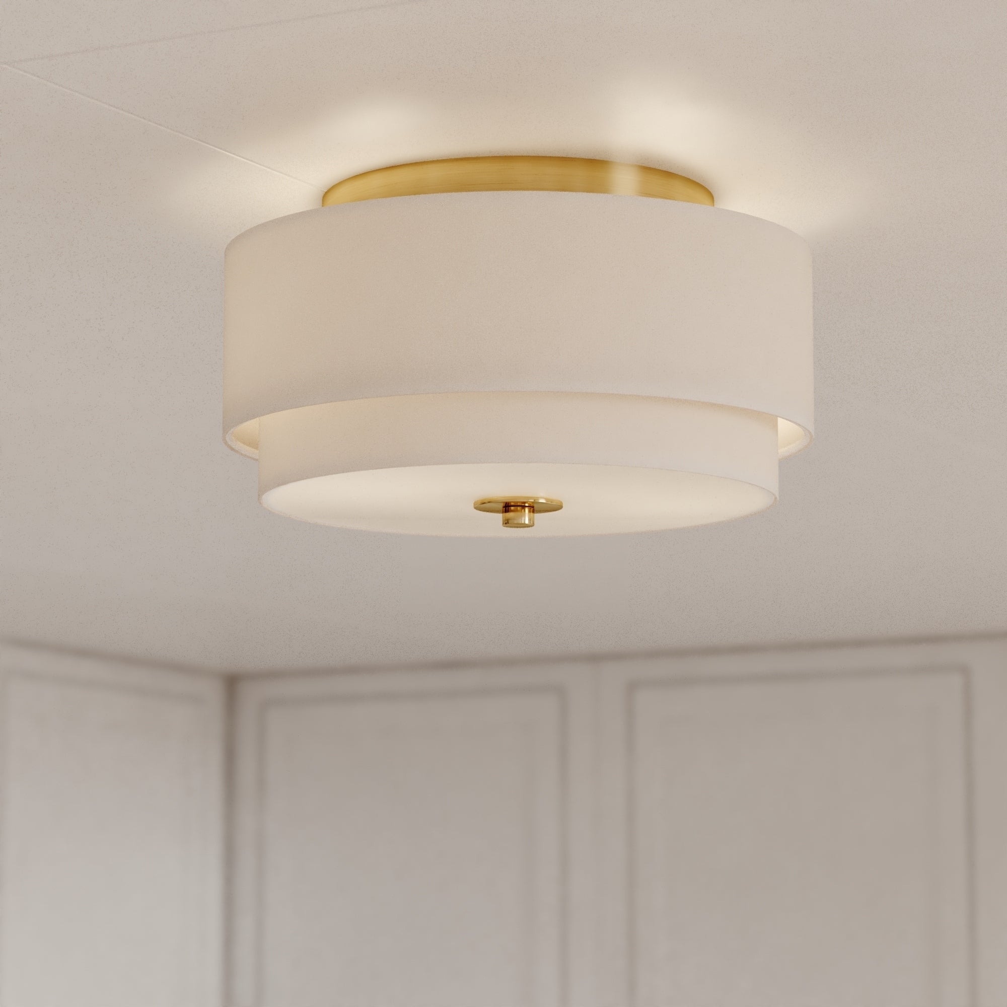 Lampada da soffitto Burnaby Mid-Century Modern con paralume a tamburo in lino bianco