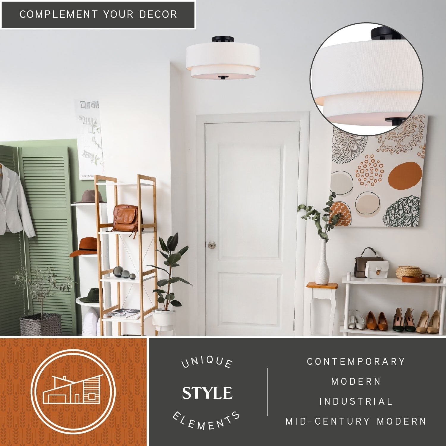 Lampada da soffitto Burnaby Mid-Century Modern con paralume a tamburo in lino bianco