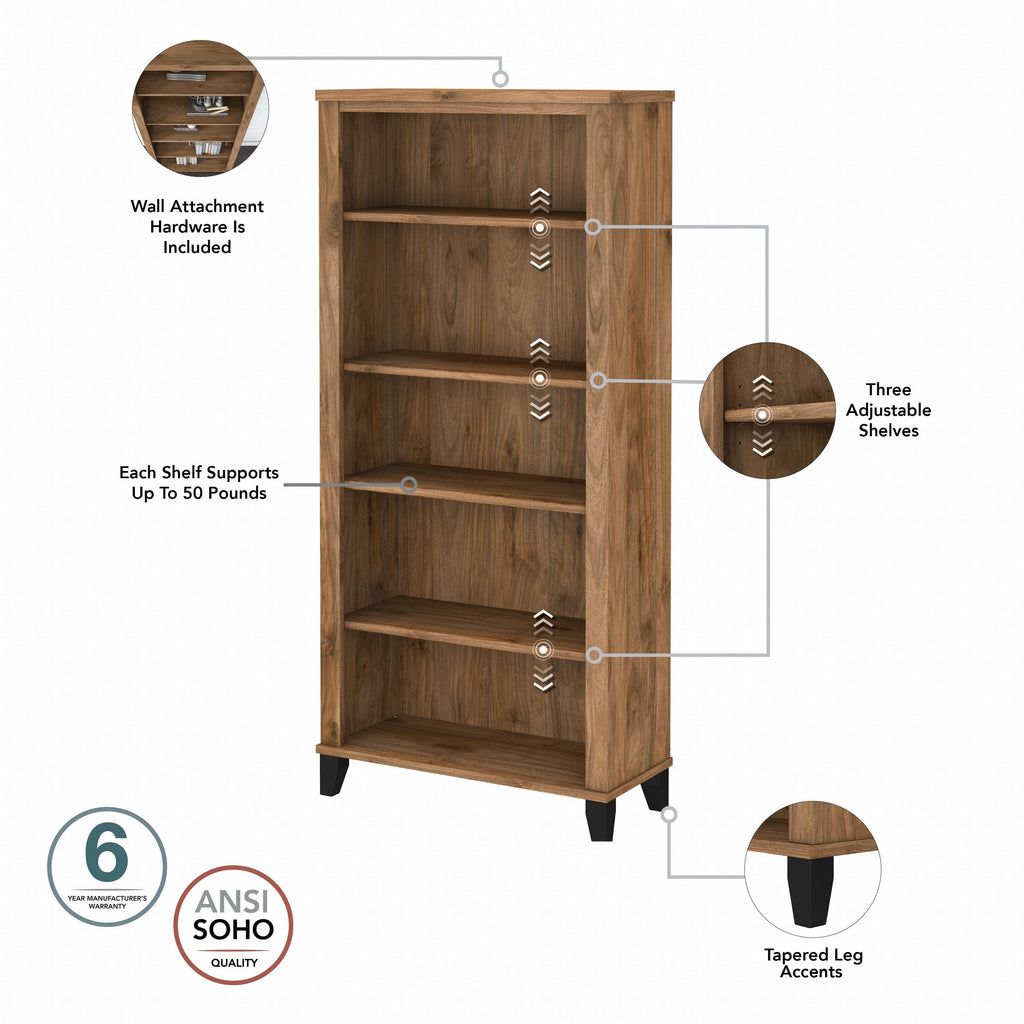 Libreria alta a 5 ripiani Somerset di Bush Furniture con ripiani regolabili