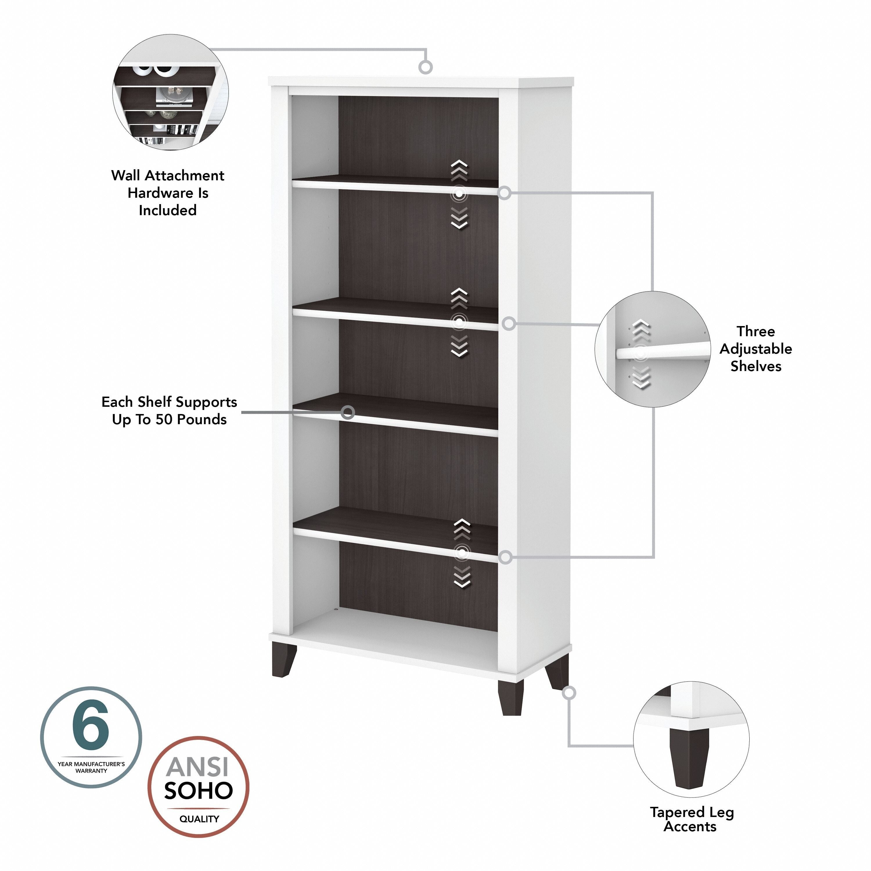 Libreria alta a 5 ripiani Somerset di Bush Furniture con ripiani regolabili