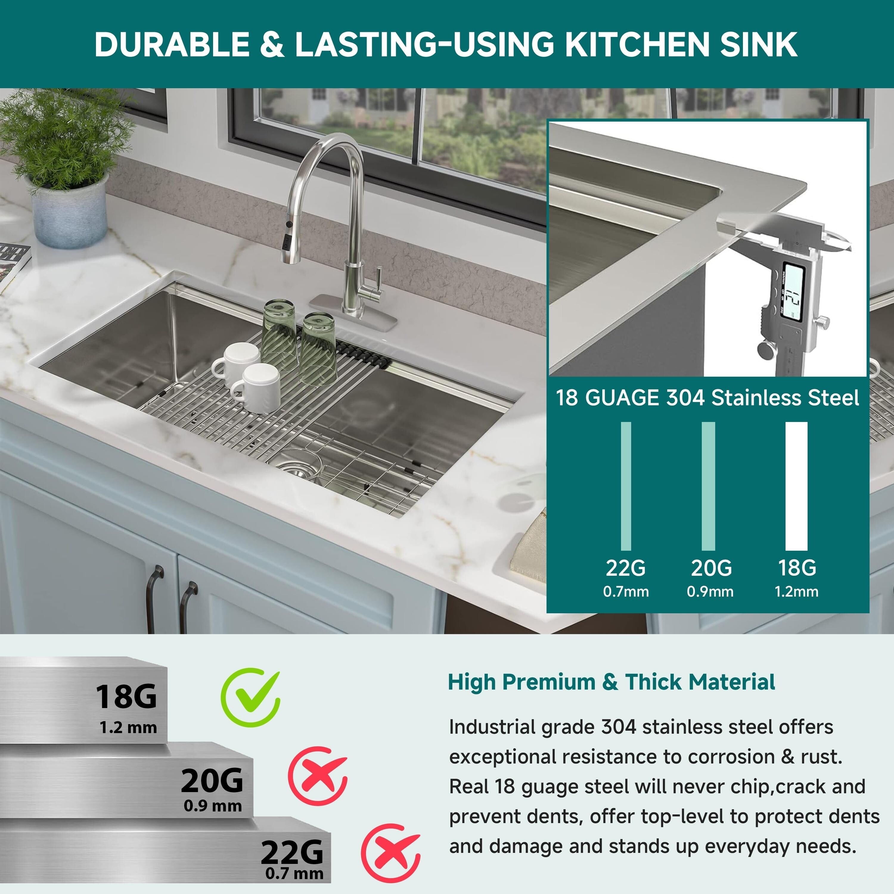 Lavello da cucina sottotop CB HOME da 32'' in oro, lavello da cucina in acciaio inox/nero da incasso, lavello da cucina a una vasca con accessori