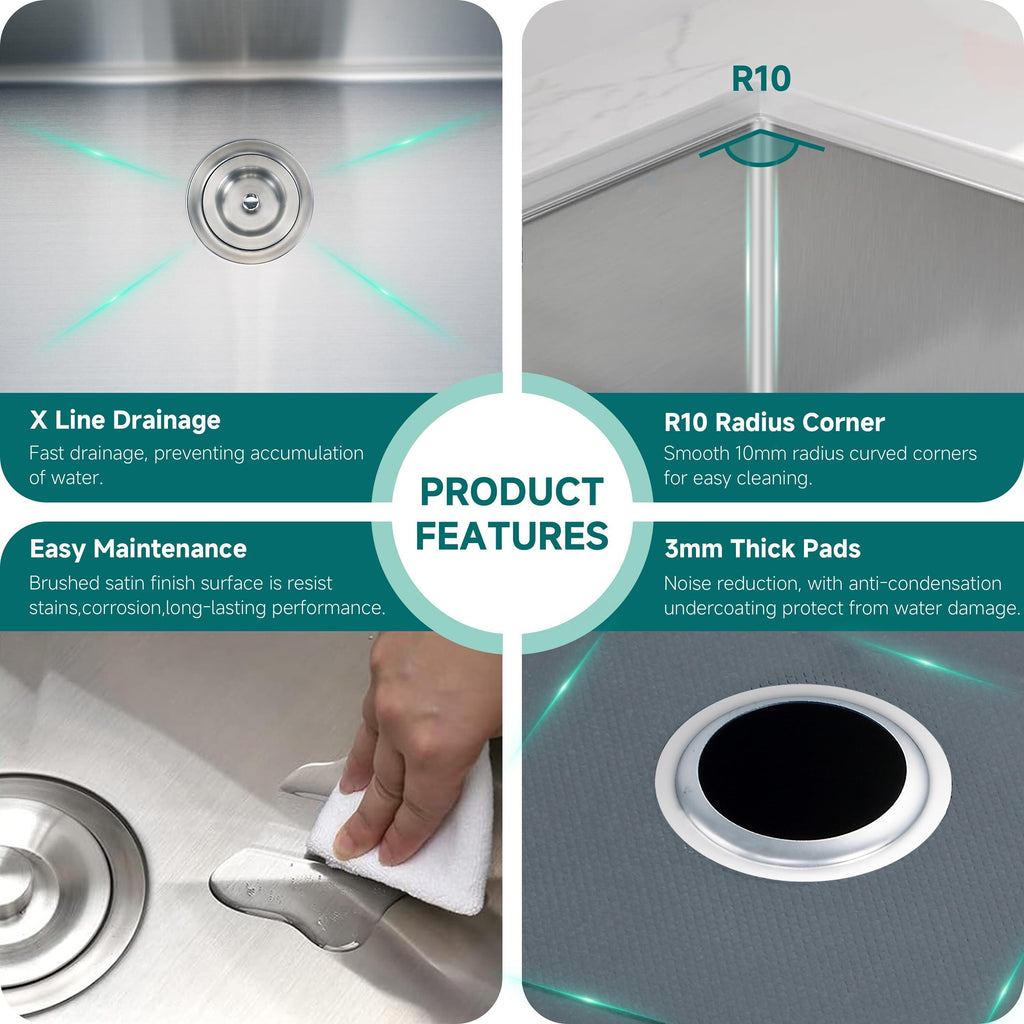 Lavello da cucina sottotop CB HOME da 32'' in oro, lavello da cucina in acciaio inox/nero da incasso, lavello da cucina a una vasca con accessori