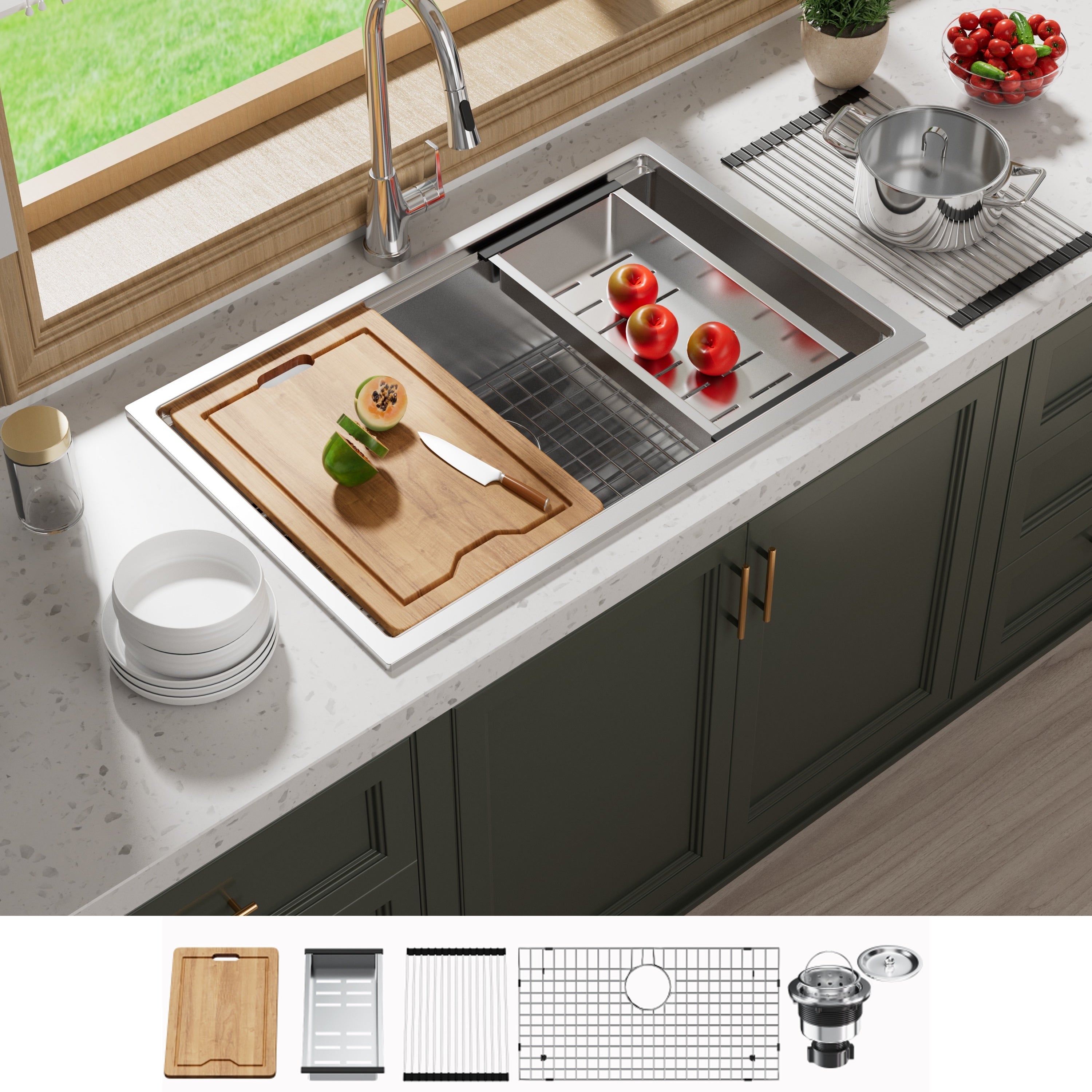 Lavello da cucina sottotop CB HOME da 32'' in oro, lavello da cucina in acciaio inox/nero da incasso, lavello da cucina a una vasca con accessori