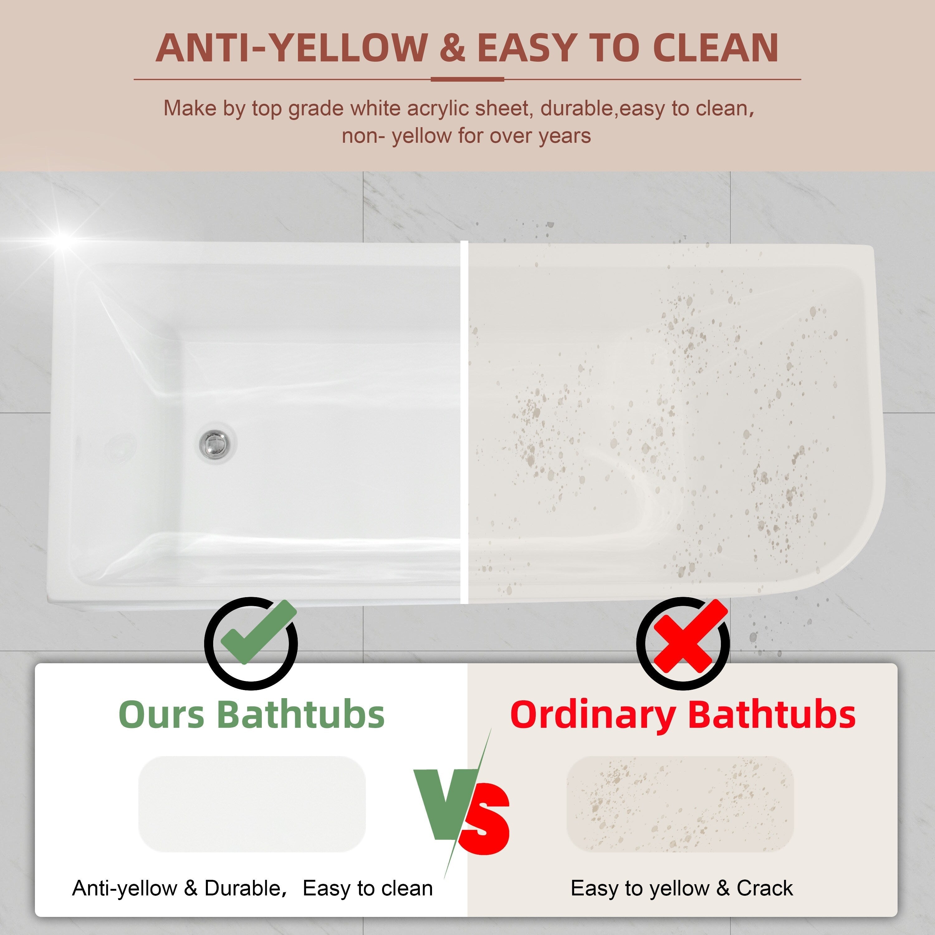 Vasche da bagno autoportanti in acrilico CB HOME da 59''/67'', vasche da bagno con un solo lato contro la parete, troppo pieno a sinistra/destra