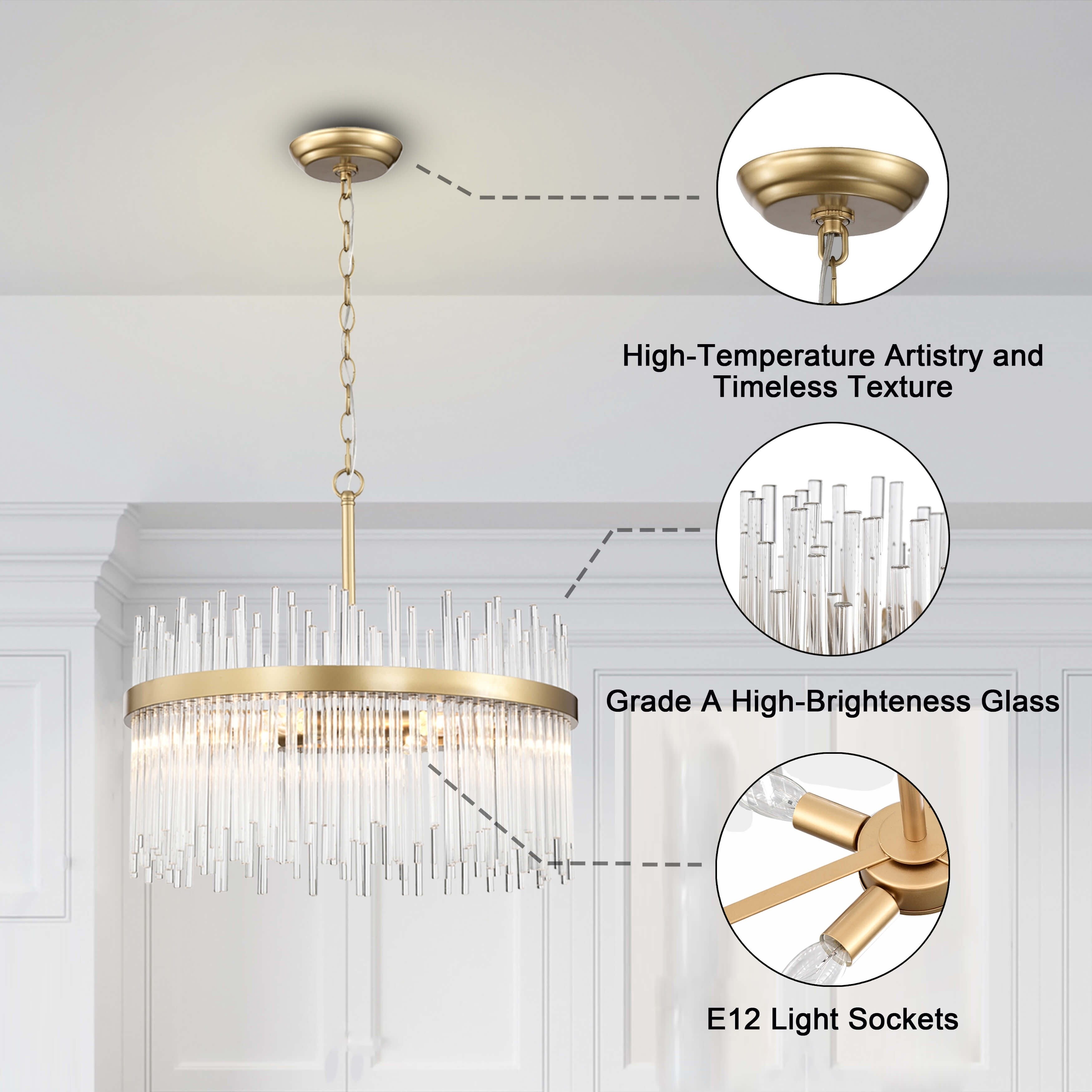 Lampadario Casandra a 5 luci in bronzo lucido con barre in vetro trasparente - Bronzo lucido