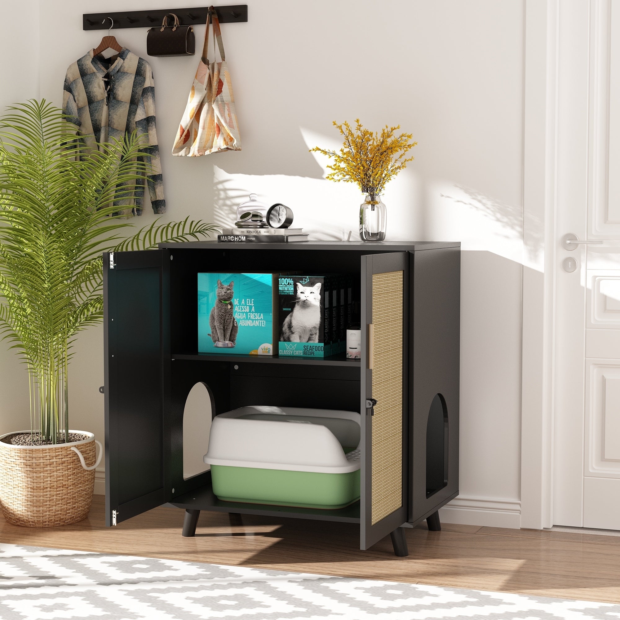 Lettiera per gatti, cuccia per gatti, tavolino laterale, porta, mobiletto, libreria