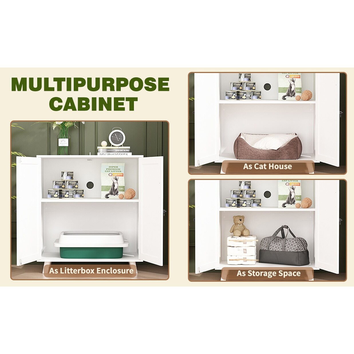 Lettiera per gatti, cuccia per gatti, tavolino laterale, porta, mobiletto, libreria