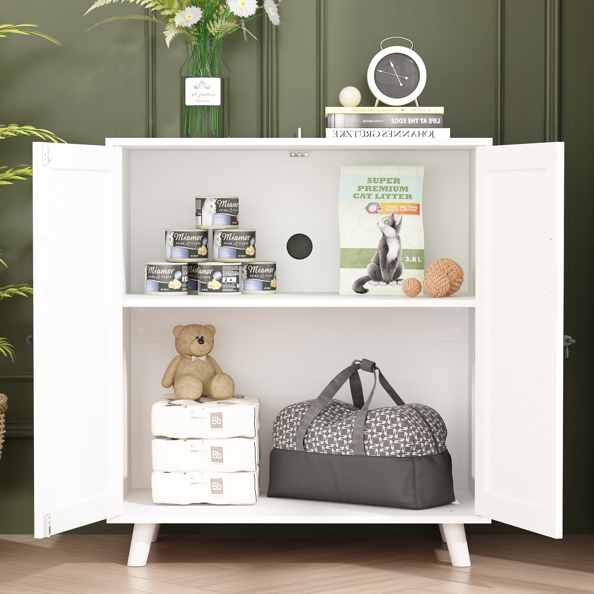 Lettiera per gatti, cuccia per gatti, tavolino laterale, porta, mobiletto, libreria