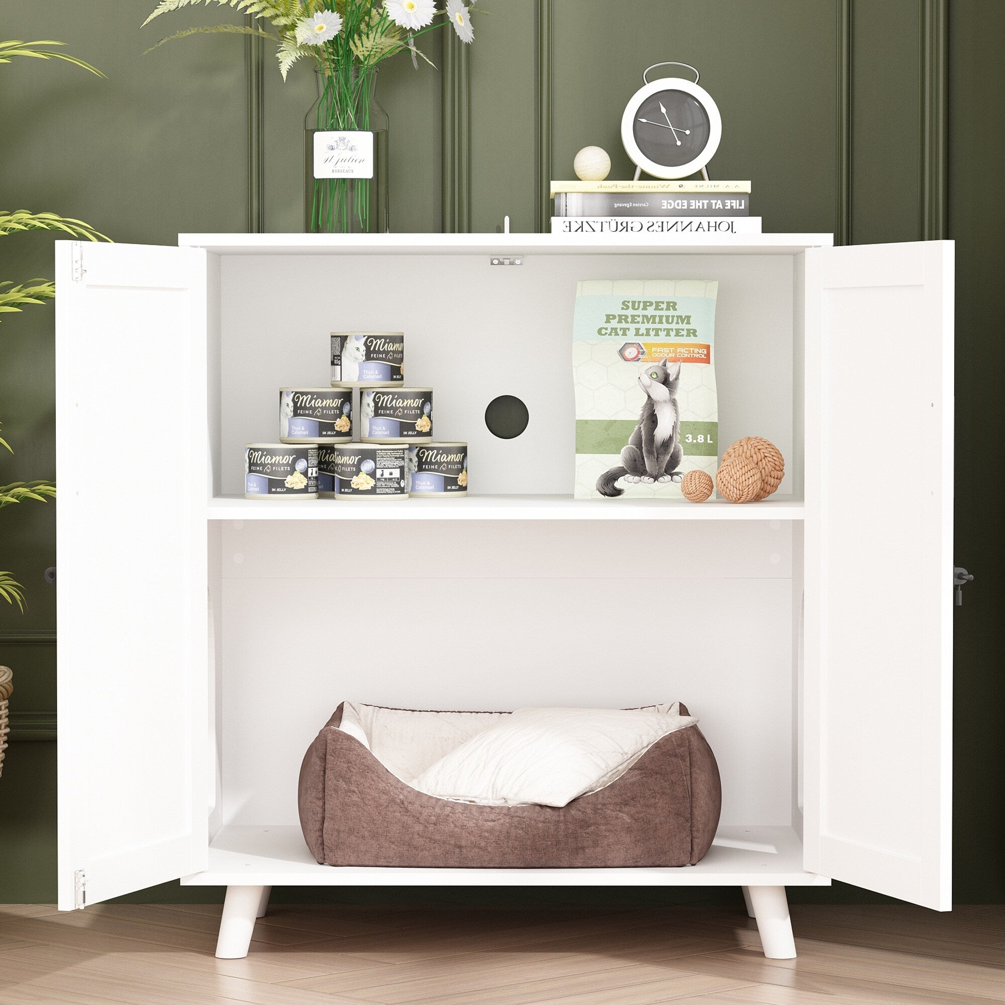Lettiera per gatti, cuccia per gatti, tavolino laterale, porta, mobiletto, libreria