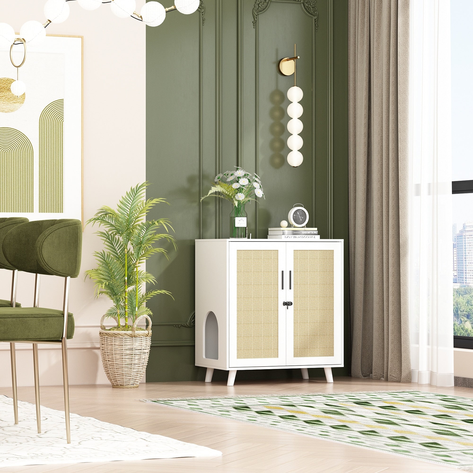 Lettiera per gatti, cuccia per gatti, tavolino laterale, porta, mobiletto, libreria