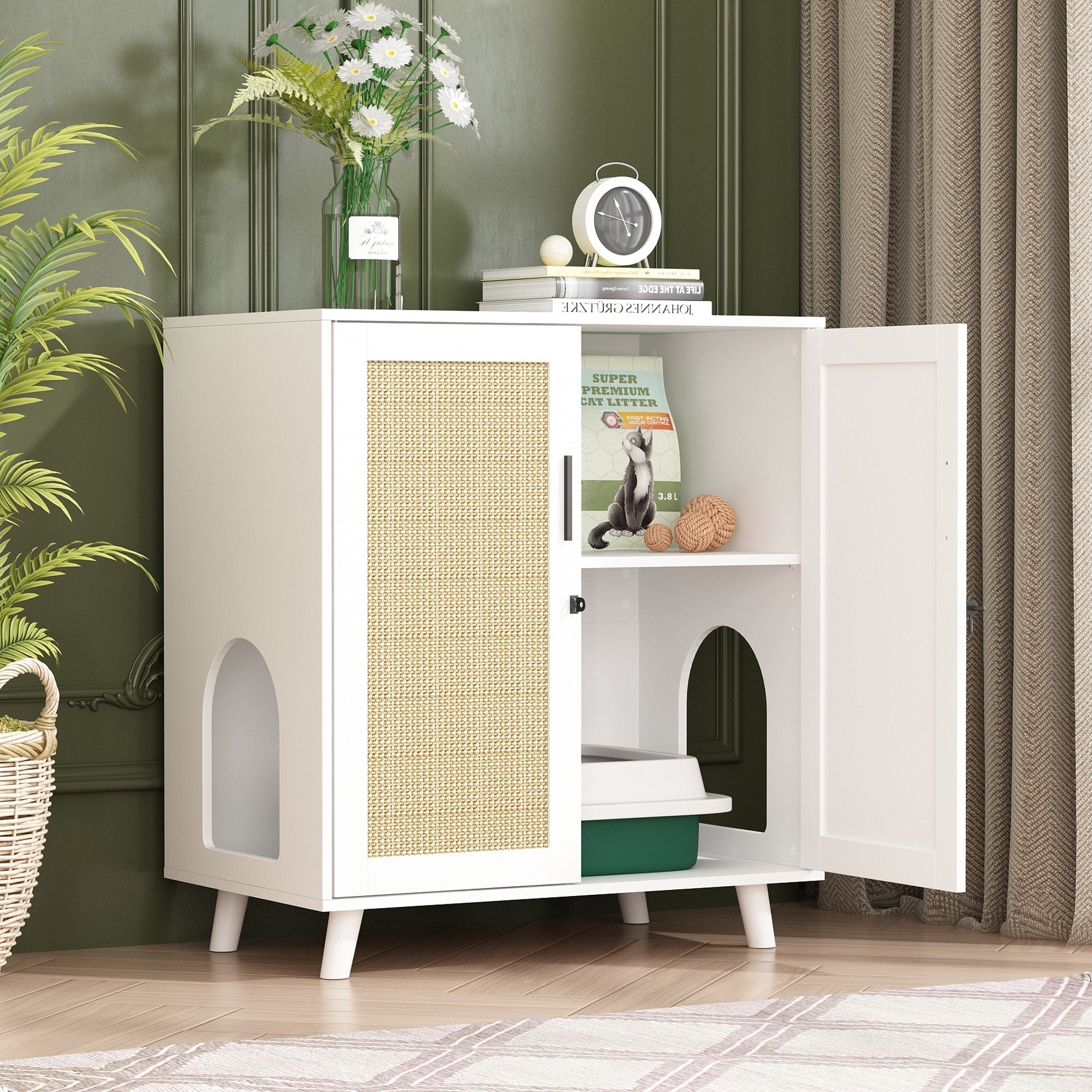 Lettiera per gatti, cuccia per gatti, tavolino laterale, porta, mobiletto, libreria