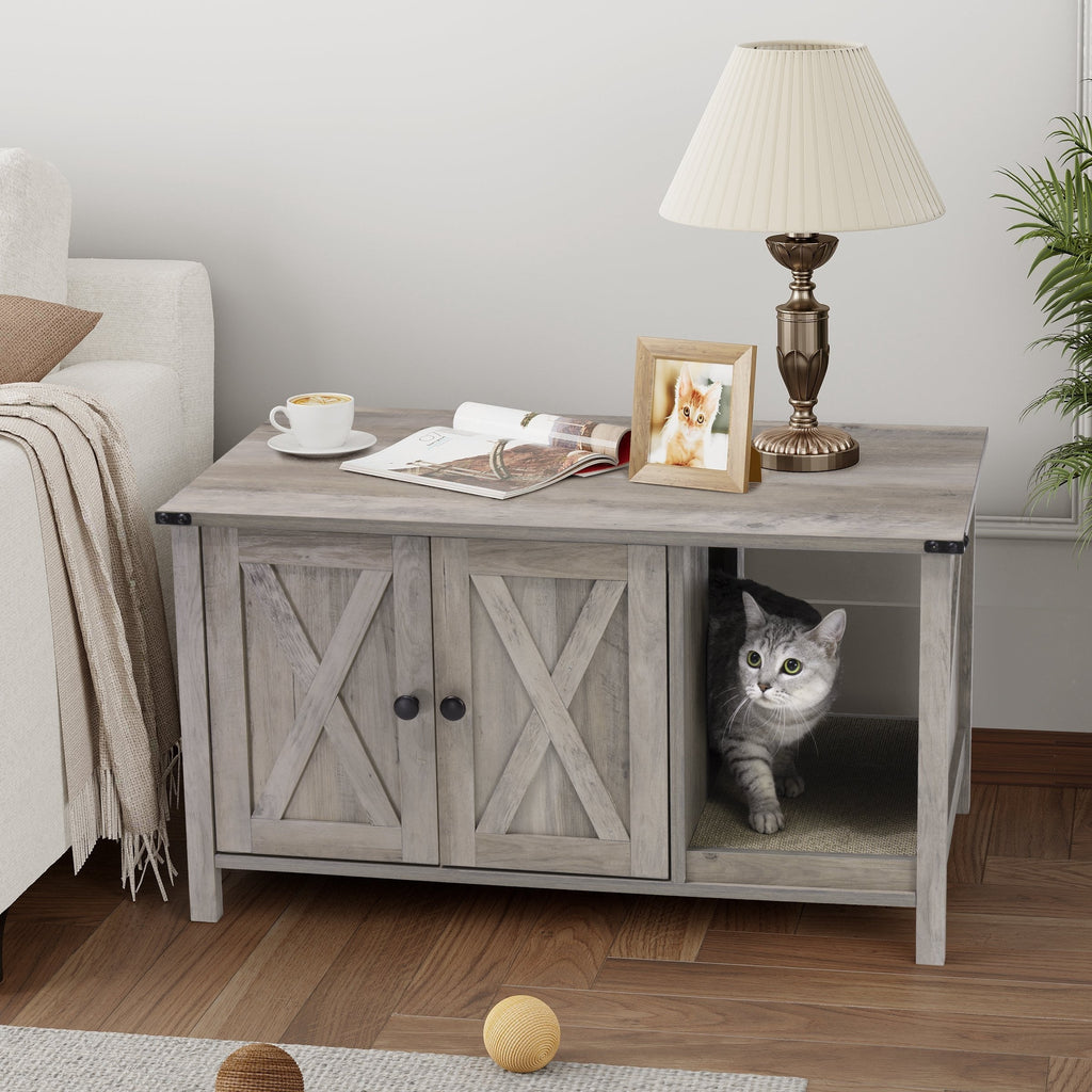 Recinto per lettiera per gatti, mobiletto nascosto in legno per toilette per gatti con tiragraffi