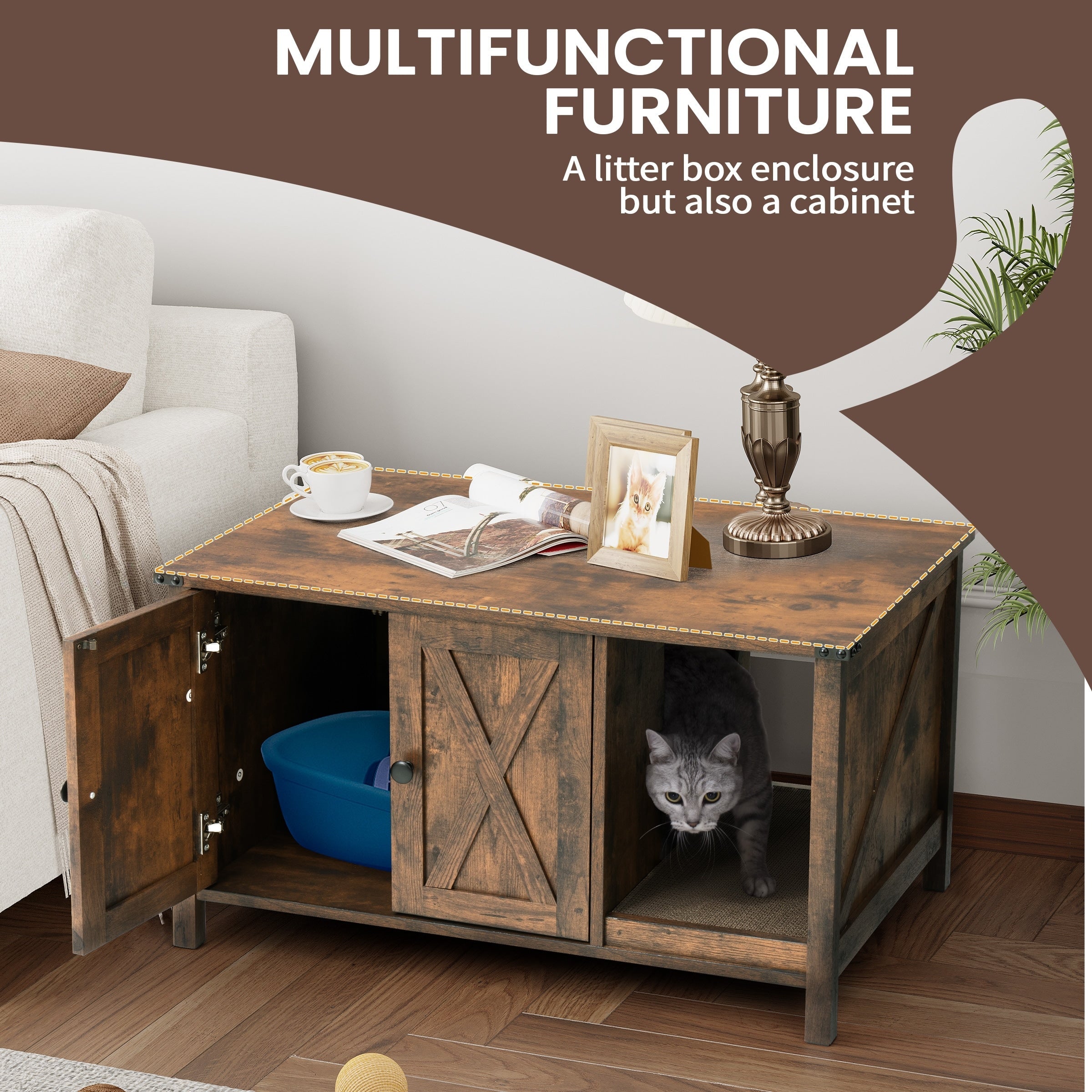 Recinto per lettiera per gatti, mobiletto nascosto in legno per toilette per gatti con tiragraffi