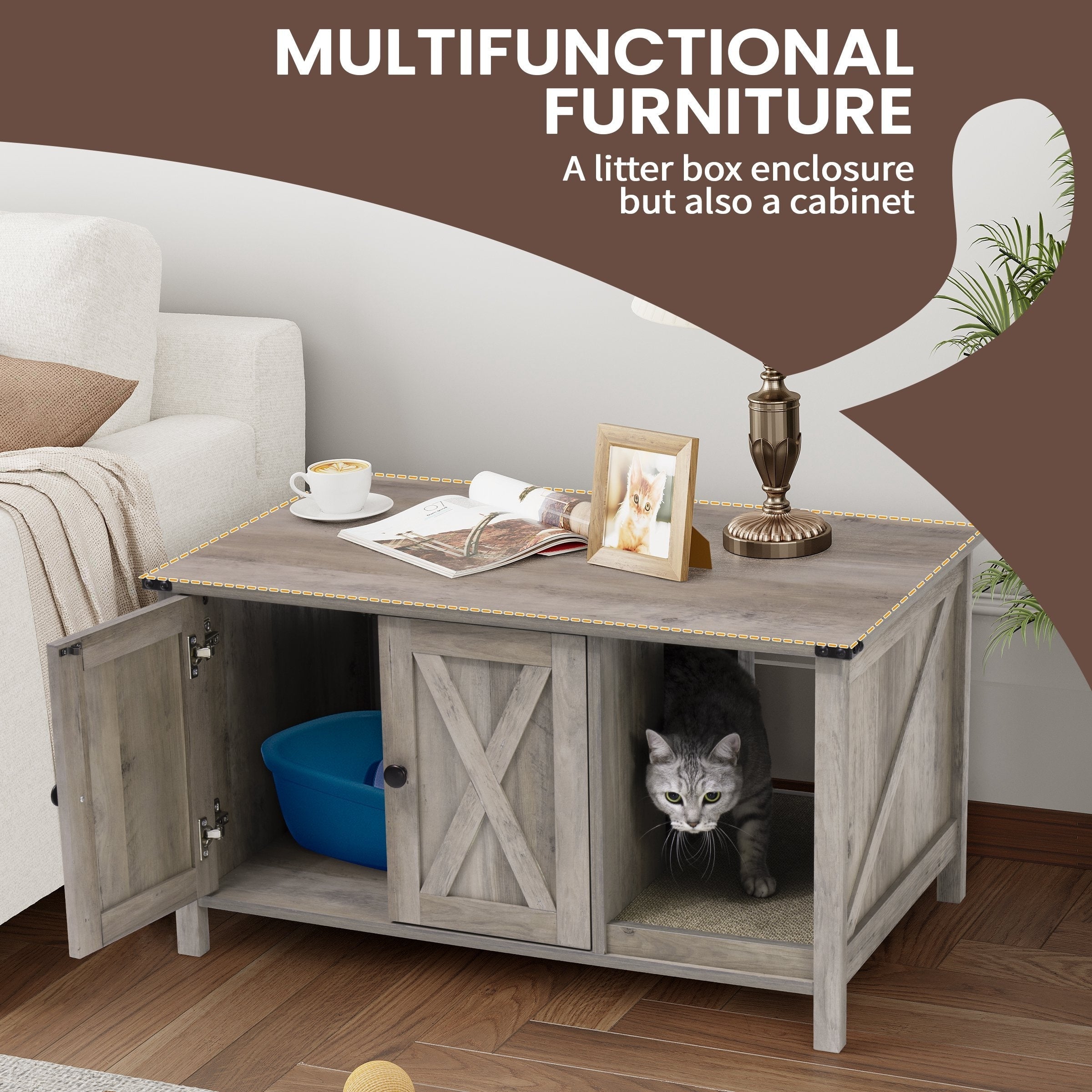Recinto per lettiera per gatti, mobiletto nascosto in legno per toilette per gatti con tiragraffi