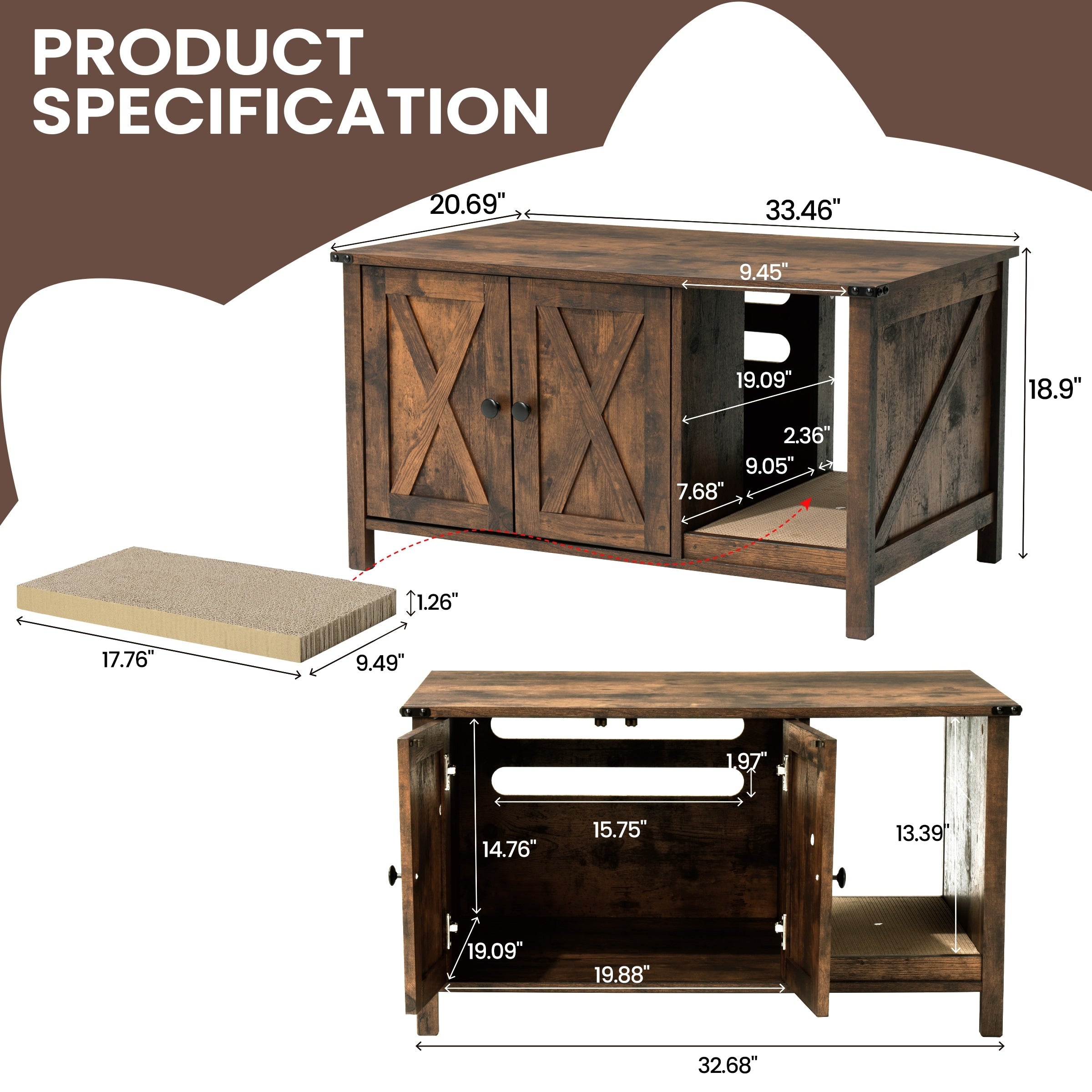 Recinto per lettiera per gatti, mobiletto nascosto in legno per toilette per gatti con tiragraffi