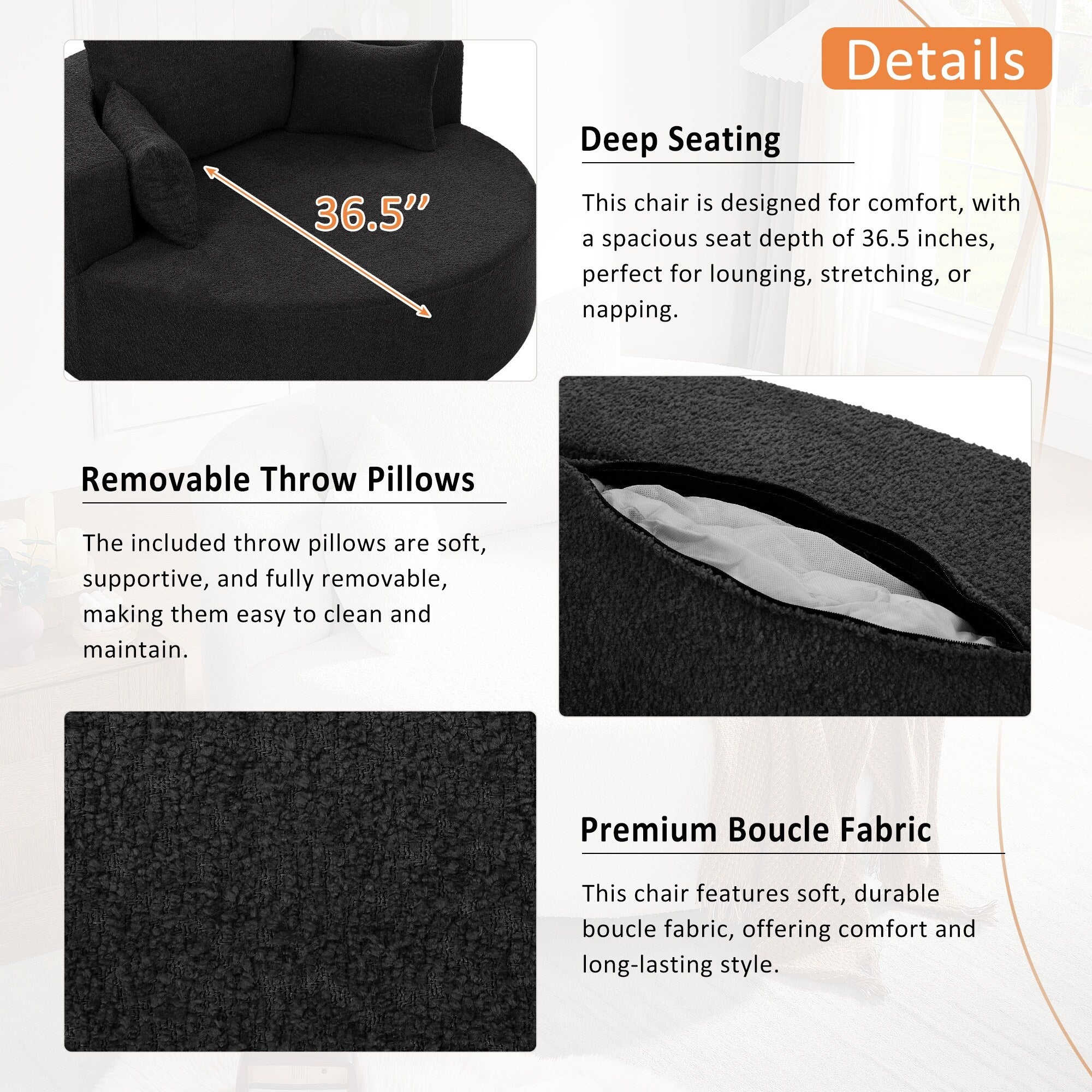 Poltrona lounge con braccioli in ciniglia, poltrona rotonda con base girevole a 360 gradi e 3 cuscini rimovibili