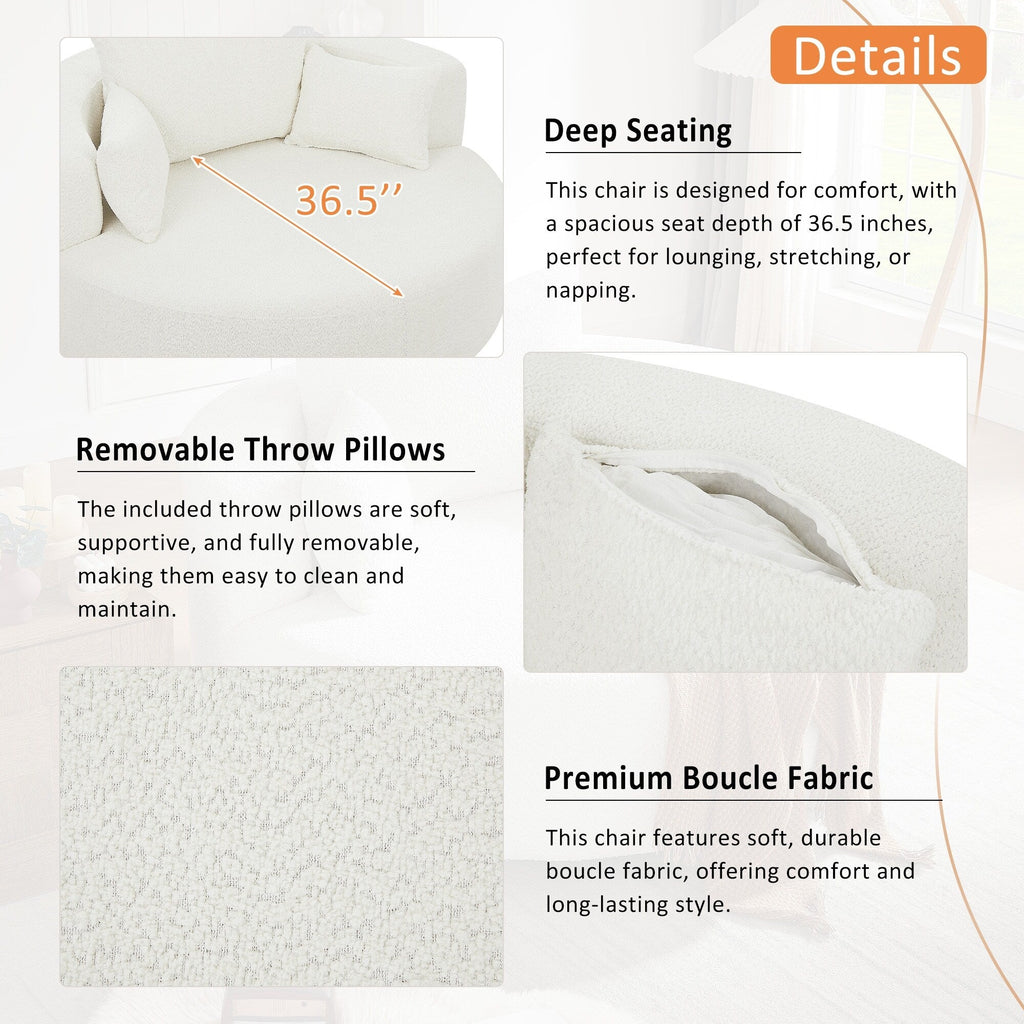 Poltrona lounge con braccioli in ciniglia, poltrona rotonda con base girevole a 360 gradi e 3 cuscini rimovibili