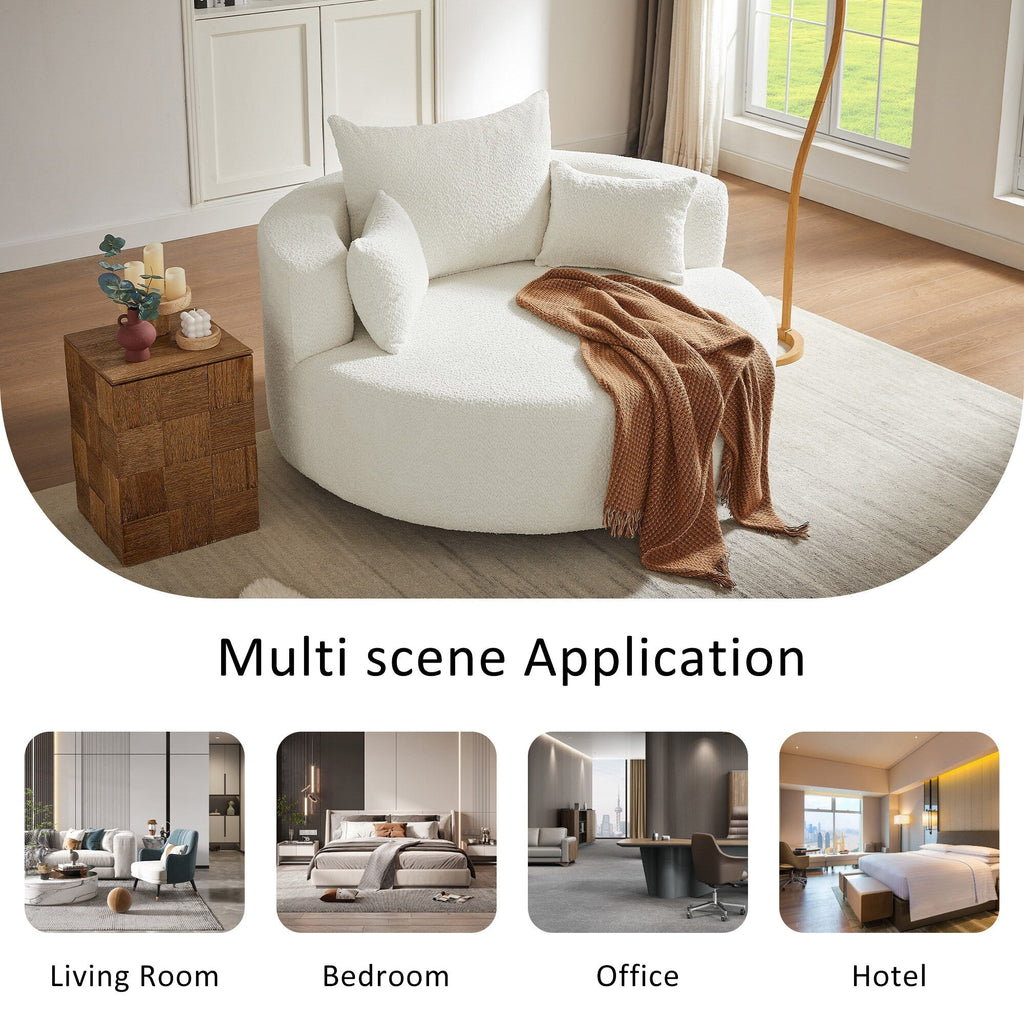 Poltrona lounge con braccioli in ciniglia, poltrona rotonda con base girevole a 360 gradi e 3 cuscini rimovibili