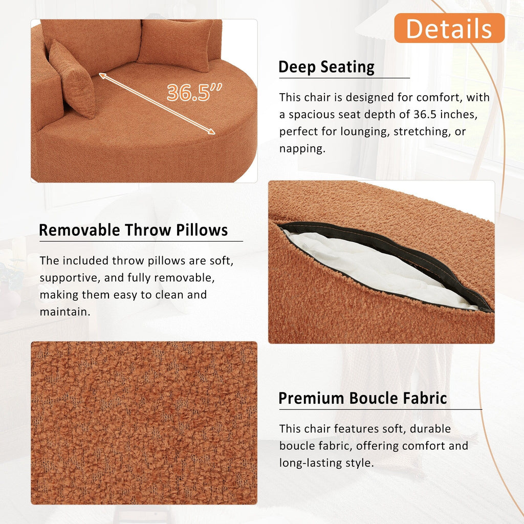 Poltrona lounge con braccioli in ciniglia, poltrona rotonda con base girevole a 360 gradi e 3 cuscini rimovibili