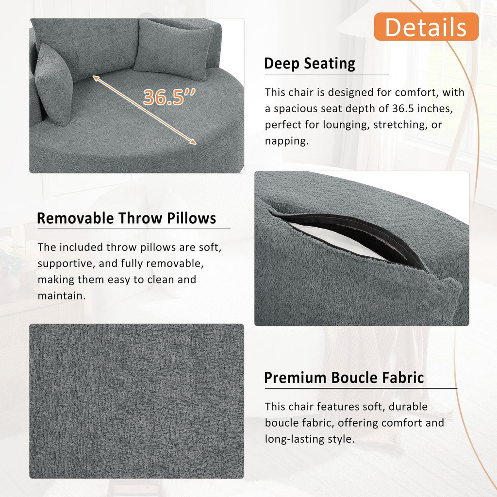 Poltrona lounge con braccioli in ciniglia, poltrona rotonda con base girevole a 360 gradi e 3 cuscini rimovibili