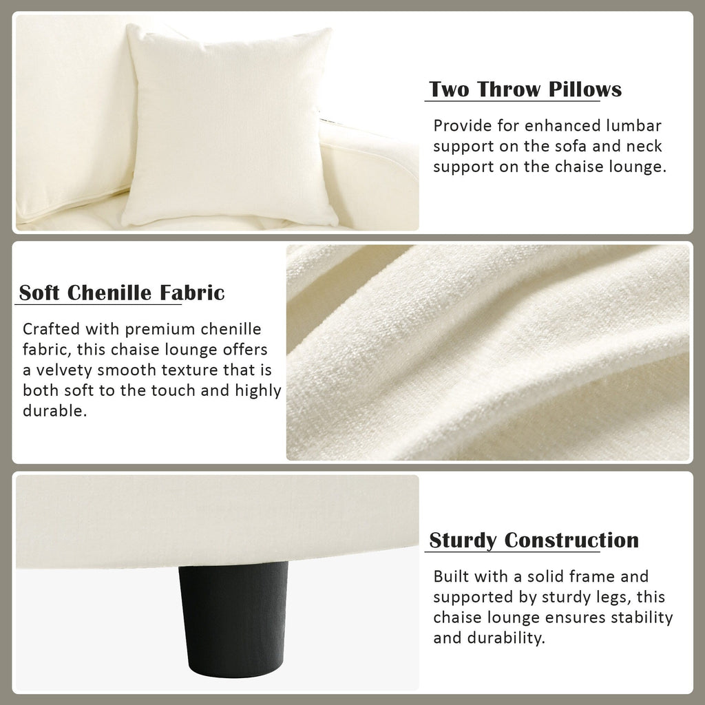 Divano letto con chaise longue in ciniglia, divano imbottito con schienale trapuntato e 2 cuscini staccabili per soggiorno