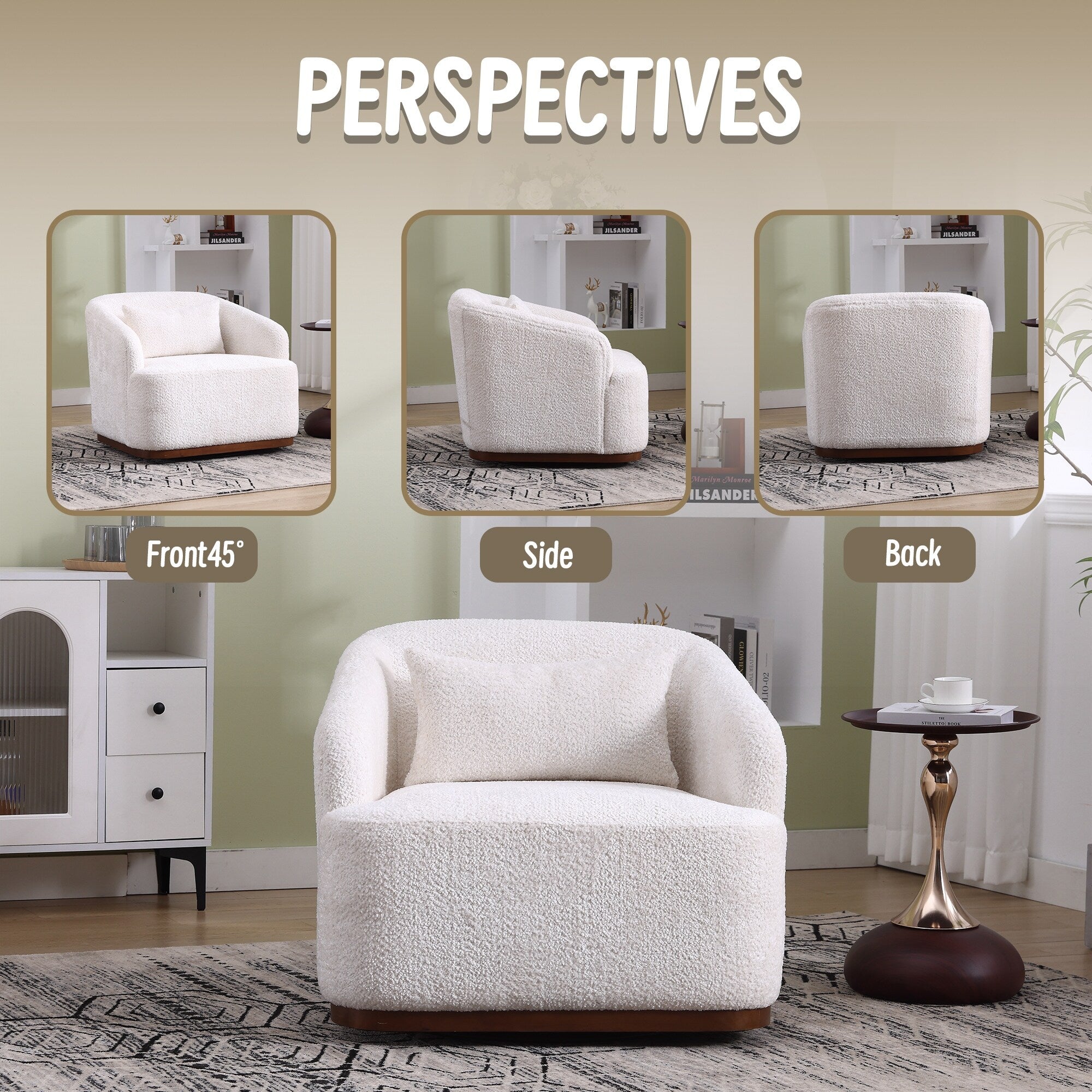 Poltrona girevole in ciniglia, comodo divano decorativo a 360 gradi per soggiorno, camera da letto e studio con cuscino rimovibile