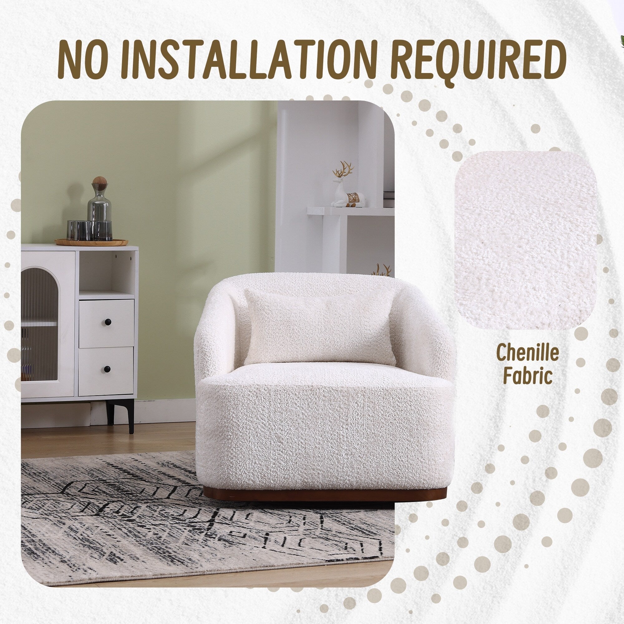 Poltrona girevole in ciniglia, comodo divano decorativo a 360 gradi per soggiorno, camera da letto e studio con cuscino rimovibile