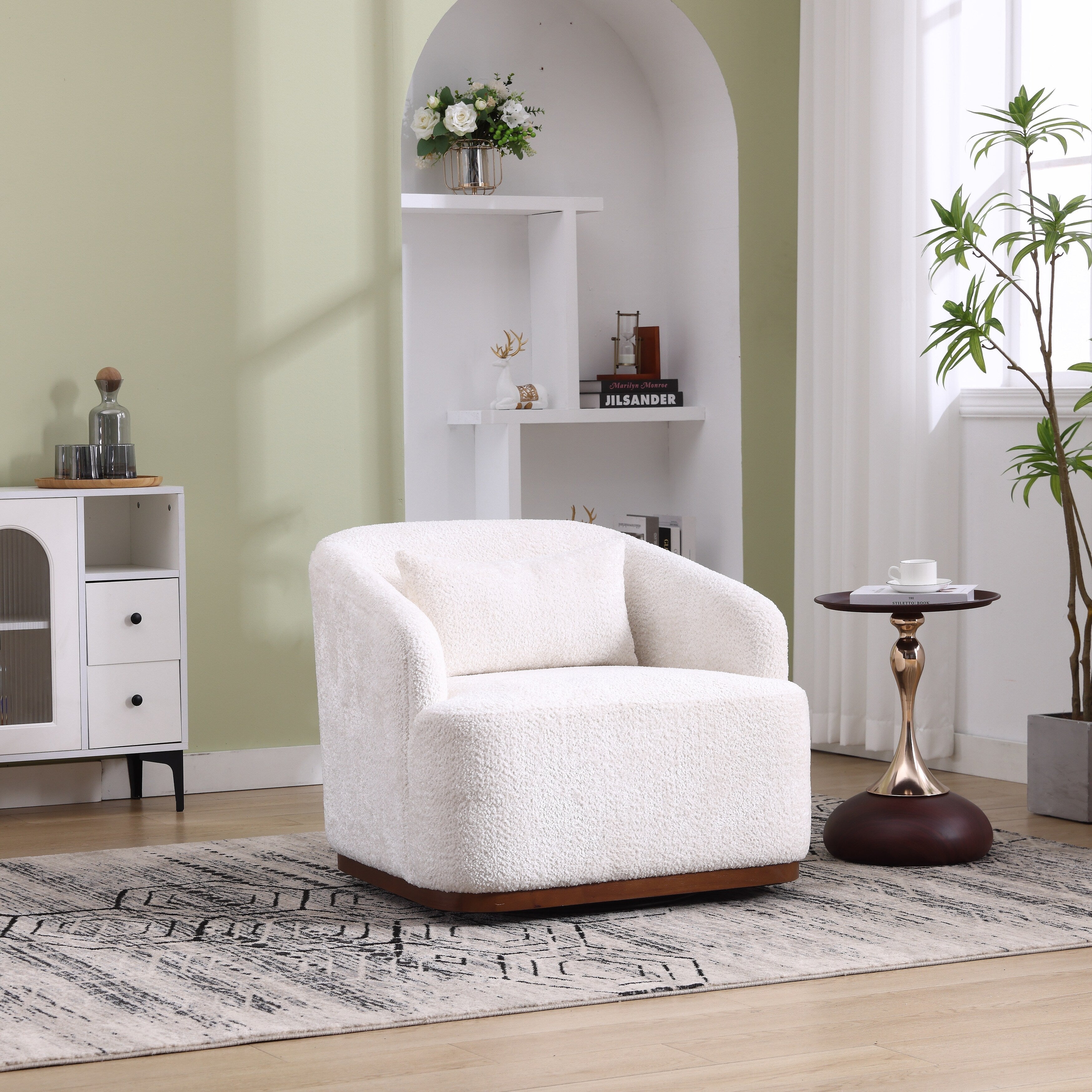 Poltrona girevole in ciniglia, comodo divano decorativo a 360 gradi per soggiorno, camera da letto e studio con cuscino rimovibile