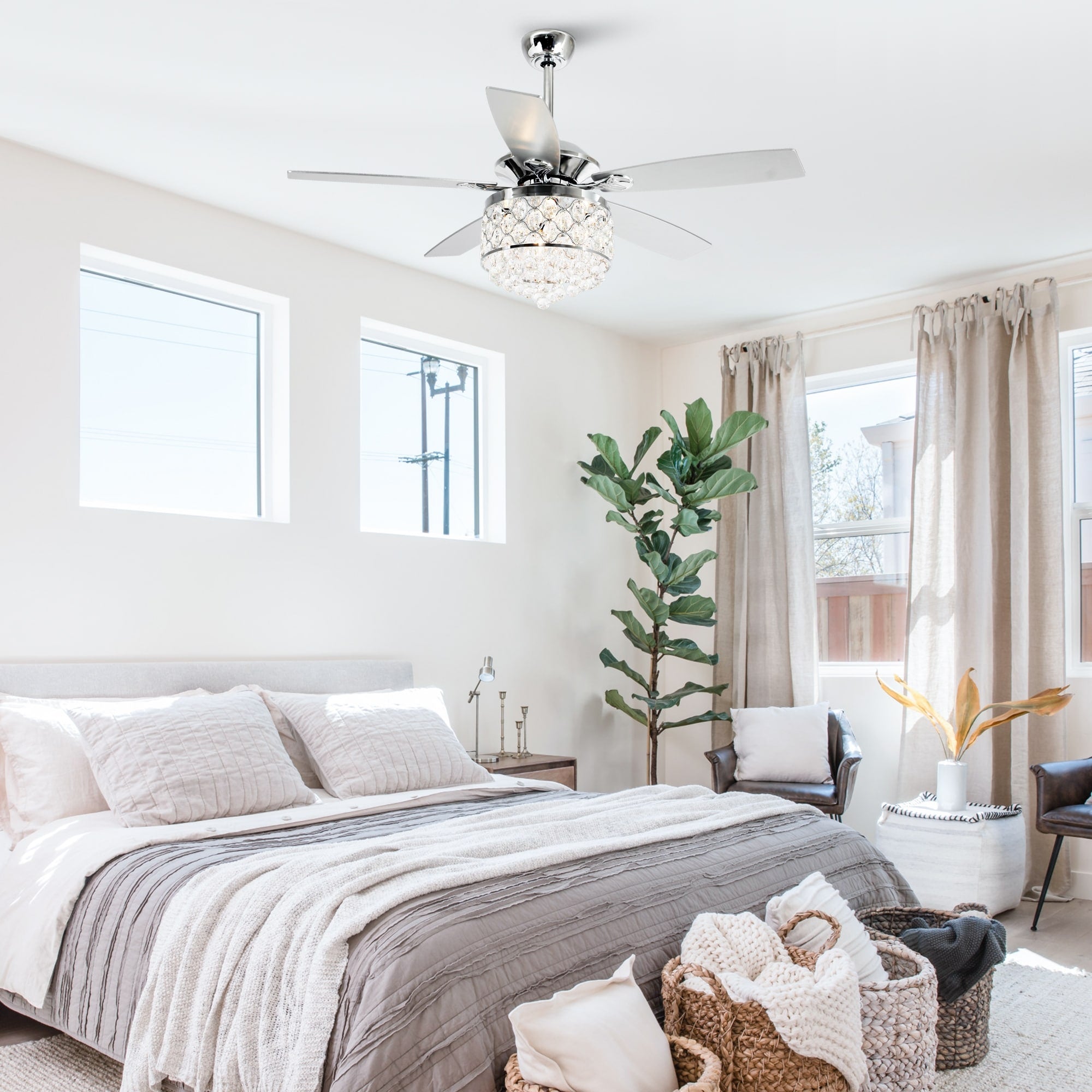 Lampadario/ventilatore da soffitto a 4 luci in cromo/cristallo con telecomando