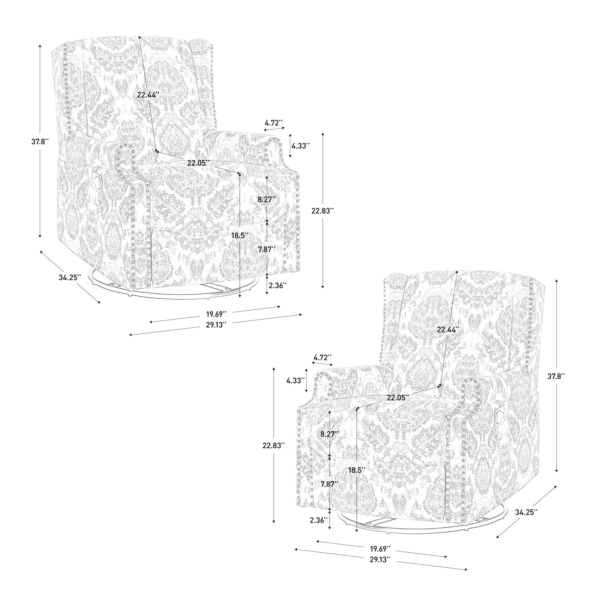 Poltrona reclinabile girevole manuale con schienale a spinta, modello W 29'', set da 2