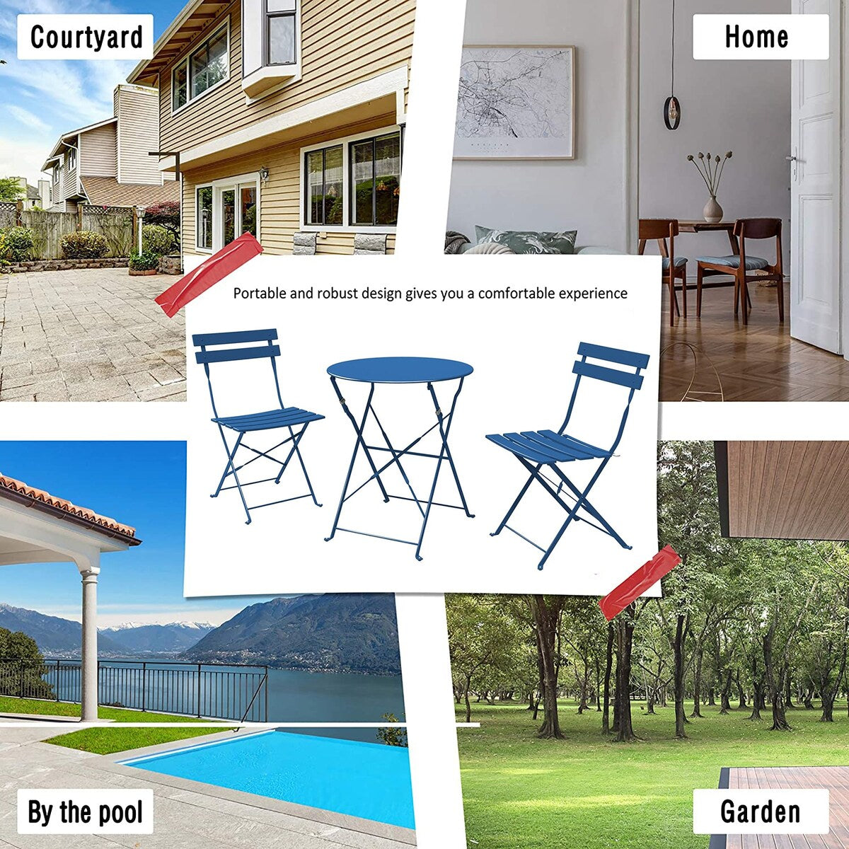 Set da bistrot pieghevole in metallo da 3 pezzi, set da conversazione per esterni/interni resistente alle intemperie per patio, cortile, giardino