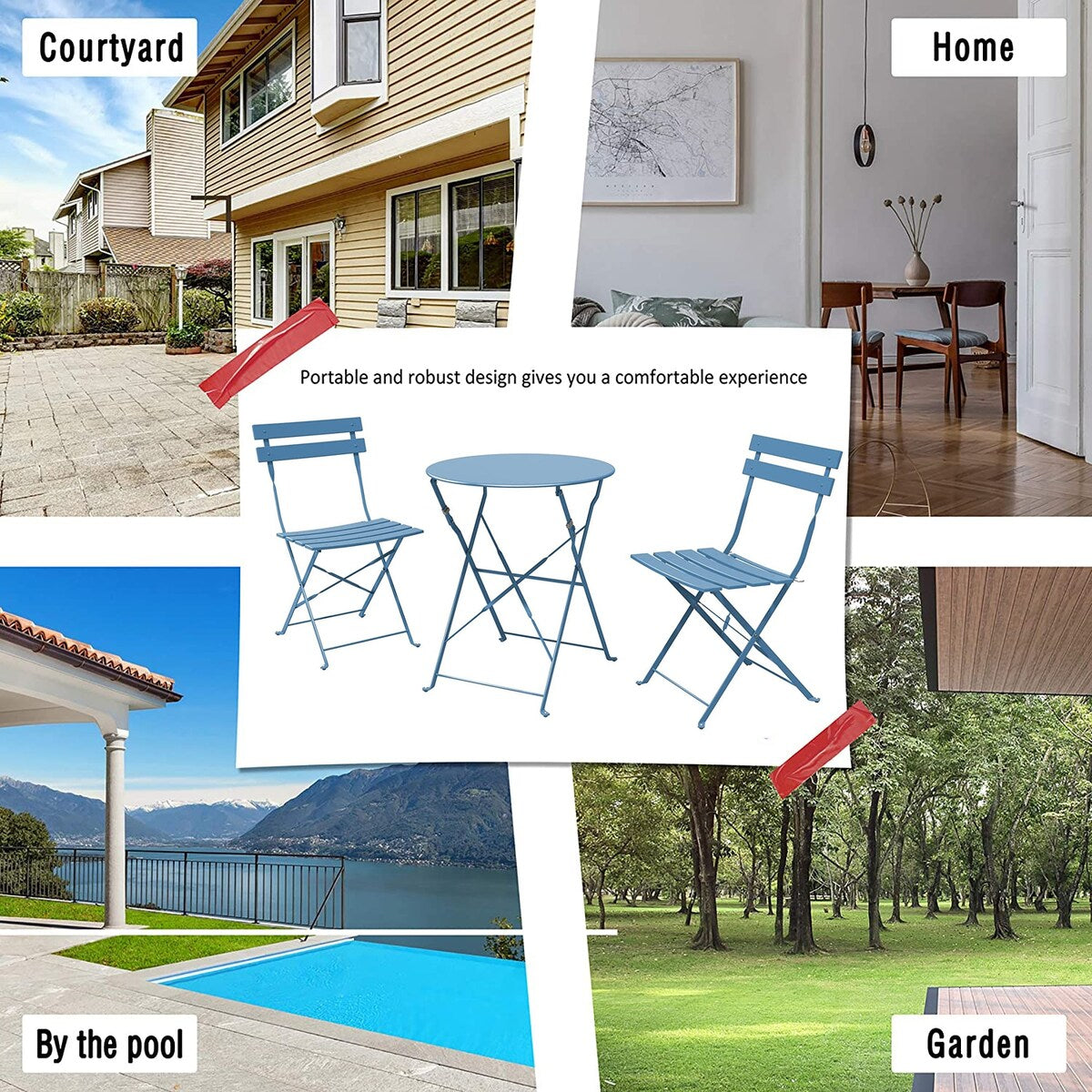 Set da bistrot pieghevole in metallo da 3 pezzi, set da conversazione per esterni/interni resistente alle intemperie per patio, cortile, giardino