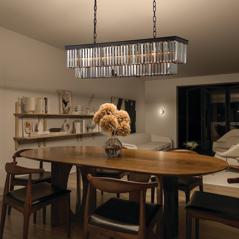 Lampadario moderno contemporaneo in cristallo grigio fumé e nero da 47 pollici, a 2 livelli, con isola da cucina lineare, per sala da pranzo